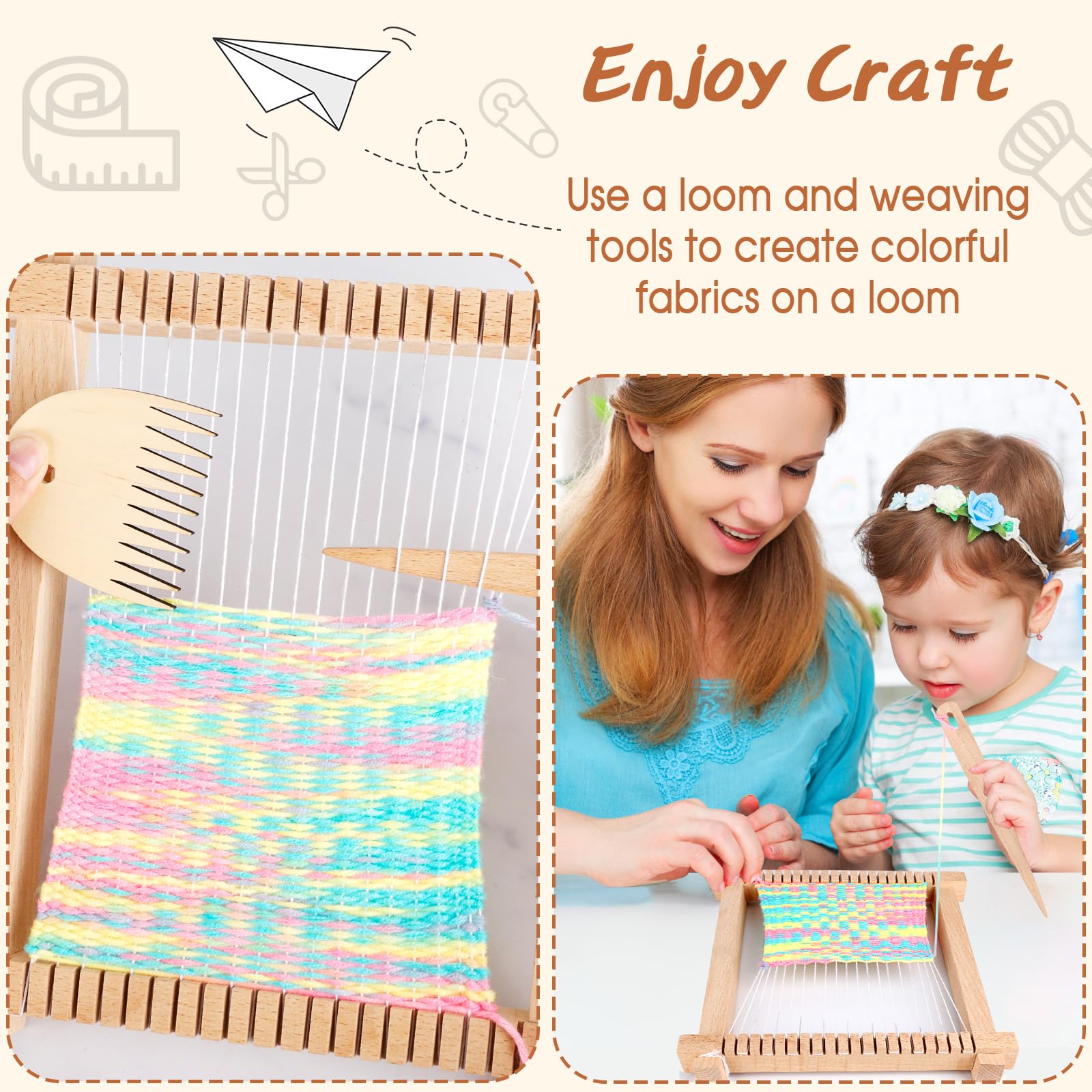 Telar de Madera niños, 28*24cm Telar de Madera para Tejer Con Lanzaderas/Peine/4 Carretes de Hilo de Lana, Kit de Marco de Madera para Tejer para Hacer Alfombras, Posavasos, Adornos de Pared, Bufandas