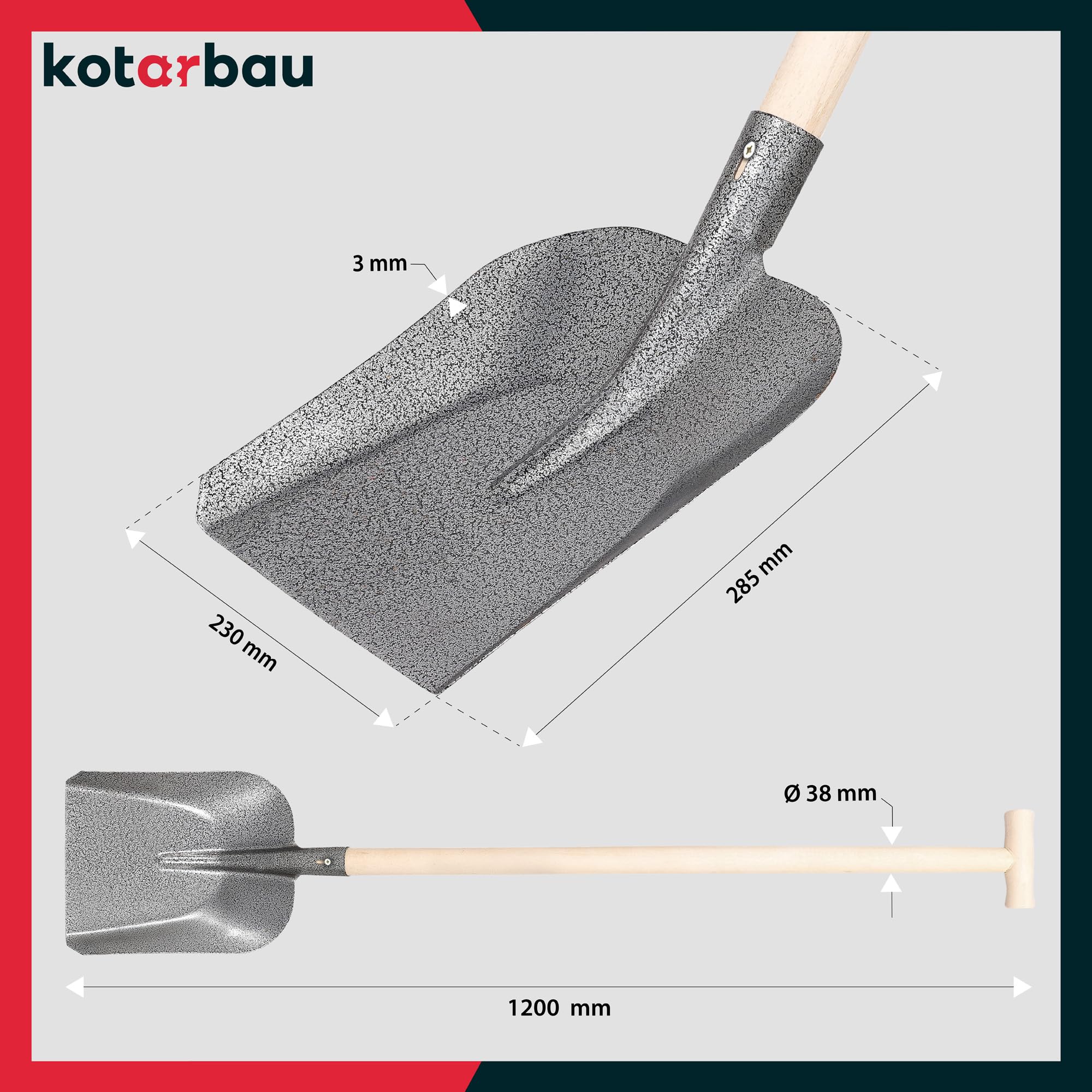 KOTARBAU® Robuste Schaufel 285 x 230 mm Gartenschaufel für 38 mm Stieldurchmesser Stahlschaufel zum Aufnehmen von Schüttgut MIT HOLZSTIEL