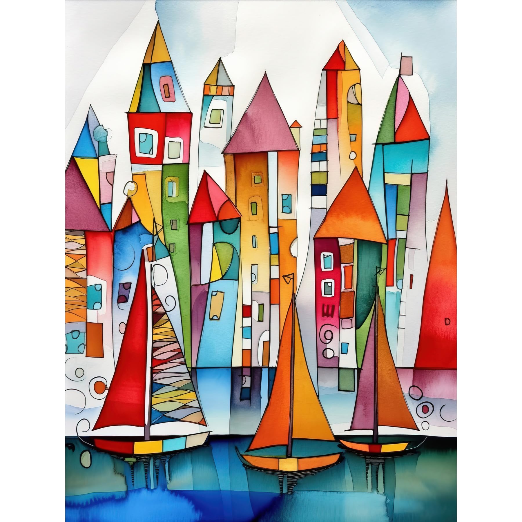 Artery8 Marina Colourful Port Folk Art Watercolour Painting Extra Large XL Wall Art Poster Print