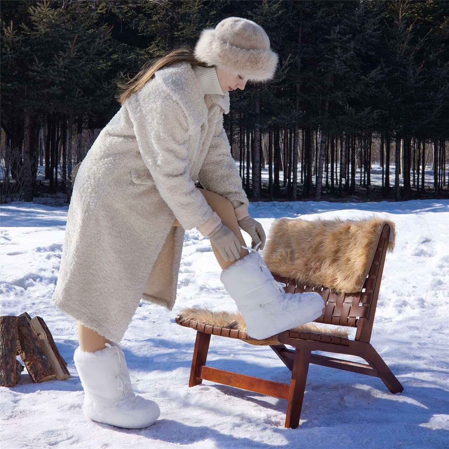 Black White Fur Boots, Furry Fuzzy Snow Boots for Women with Faux Fur Lined Non-Slip Lace-up Mid-Calf Ski Boots 2025 - Image 9