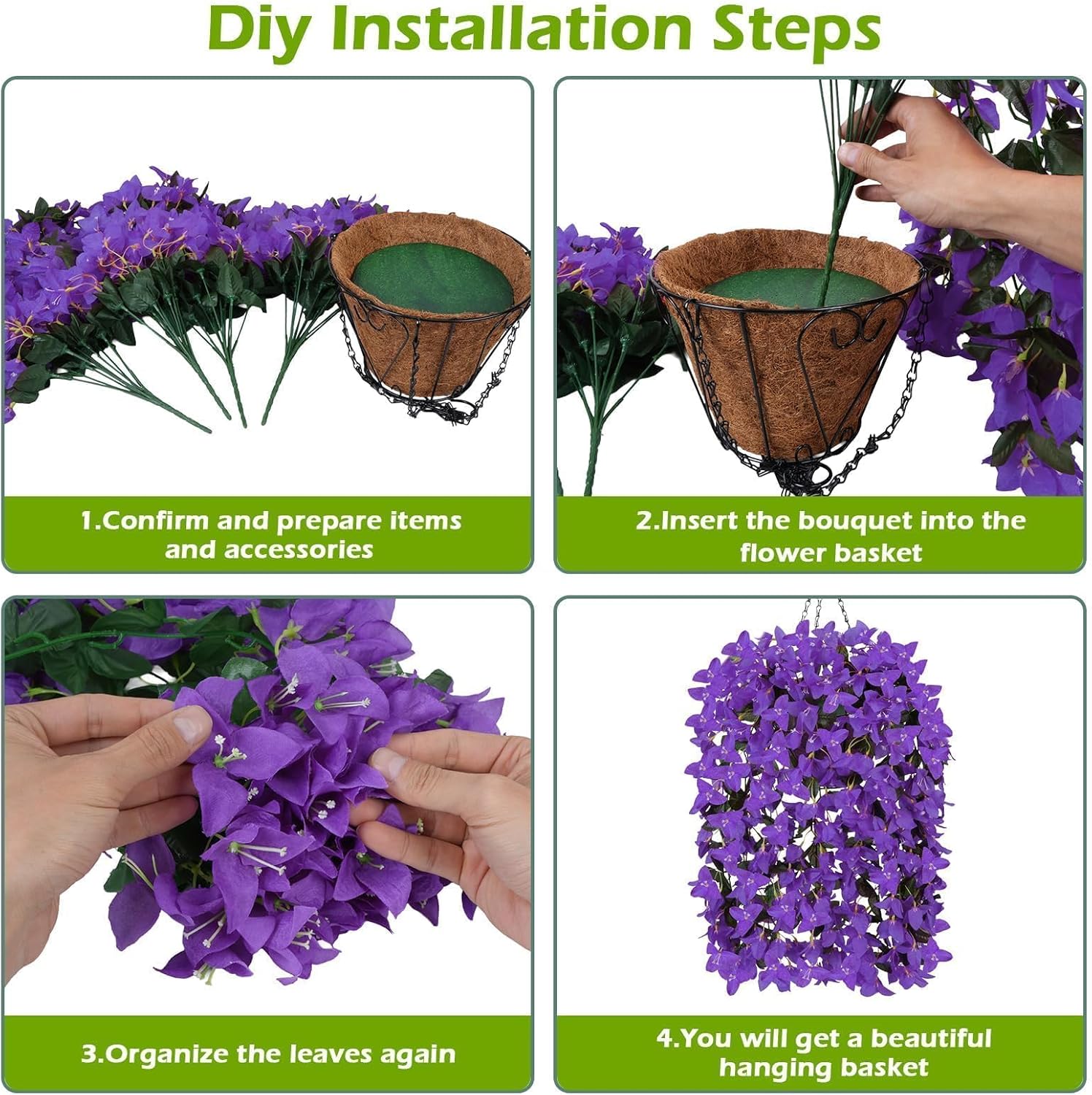 Artificial Bougainvillea Fake Artificial Flower Hanging Baskets for Outdoors Outside Decoration 2 Set Purple Silk UV Resistant Flower Long Trailing Realistic for Front Porch Patio Balcony Spring