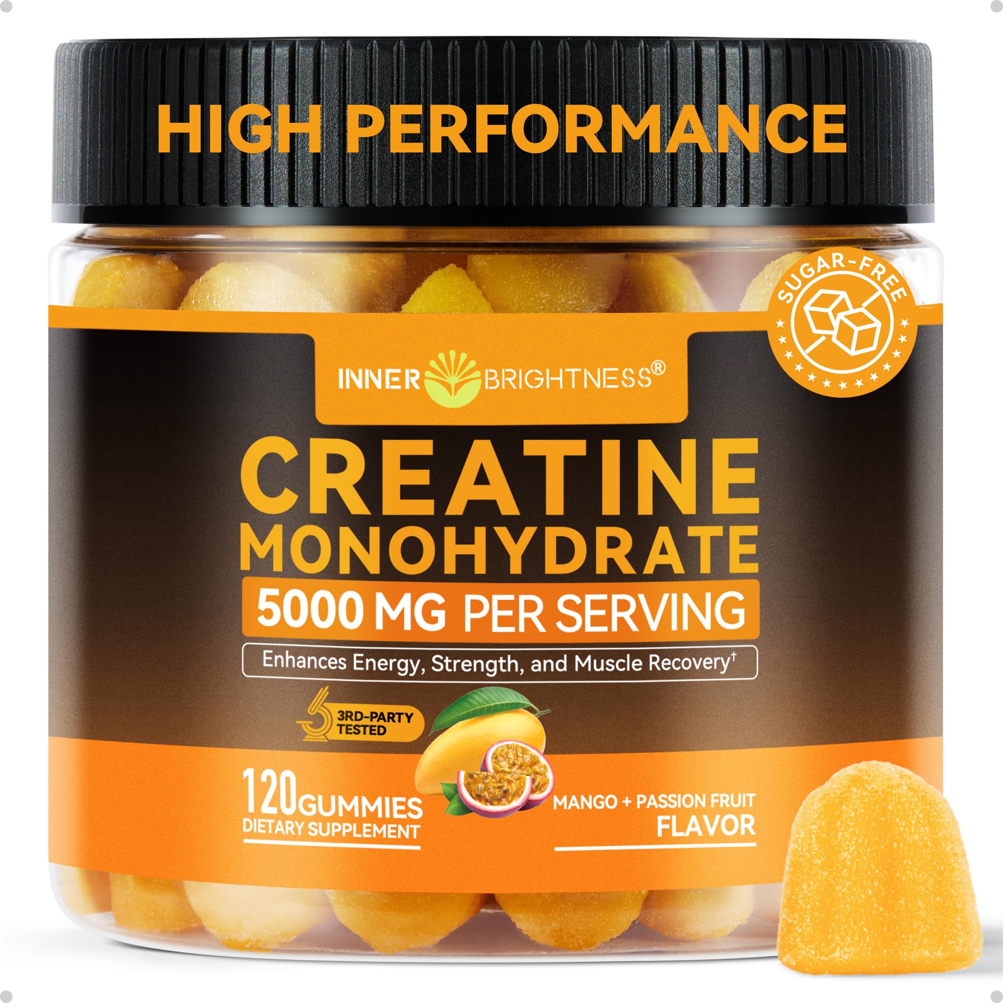 Inner Brightness Creatine Monohydrate Gummies for Men & Women 5000 mg, 3rd Party Tested, Creatine Chews for Muscle Growth, Strength & Energy Support, Sugar Free