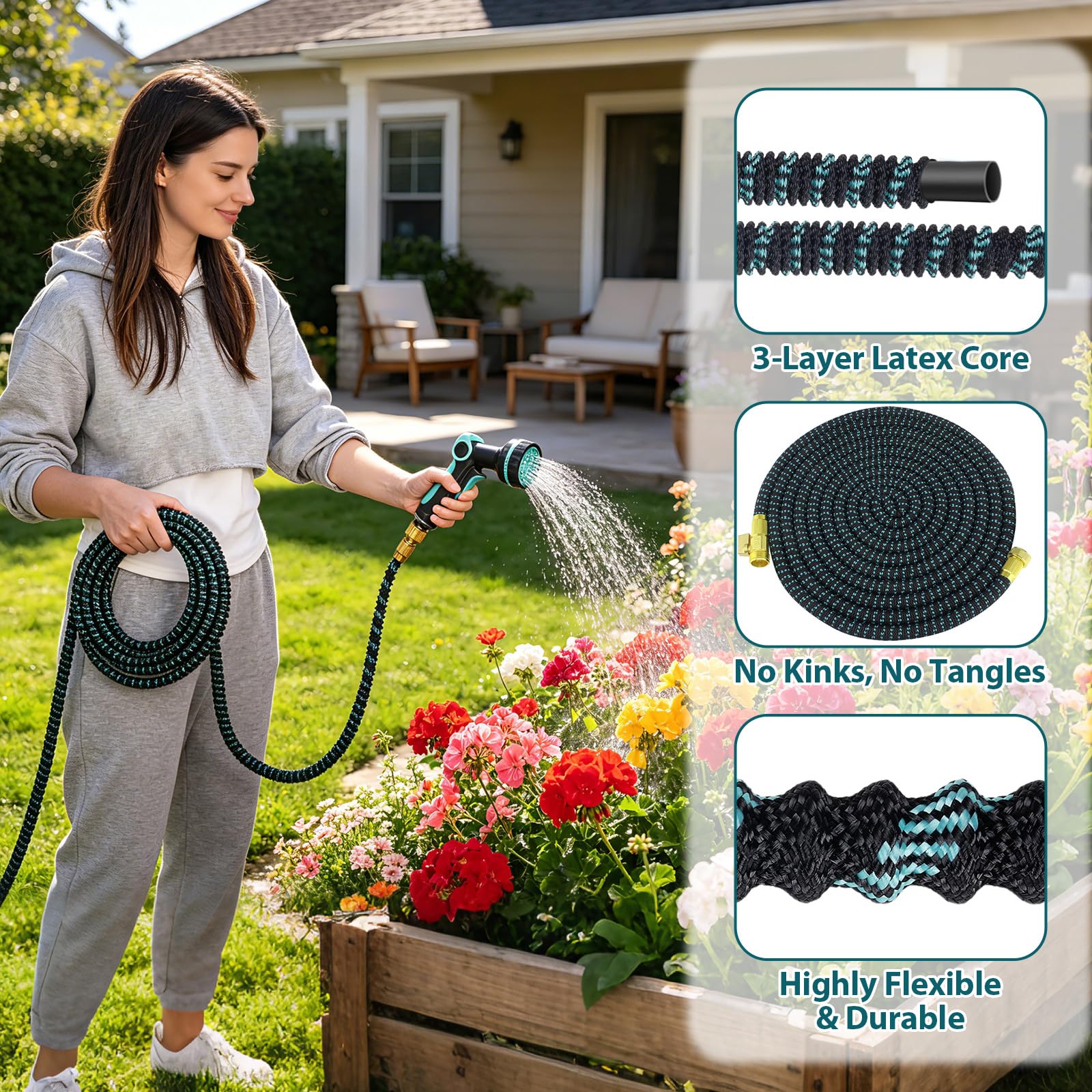 Tubo Acqua Giardino Estensibile 30M, Tubo Flessibile con Pistola 10 Modalità, Anima In Lattice a 3 Strati, Raccordi In Metallo 1/2" e 3/4", Canna Acqua per Irrigazione Giardino e Lavaggio Auto