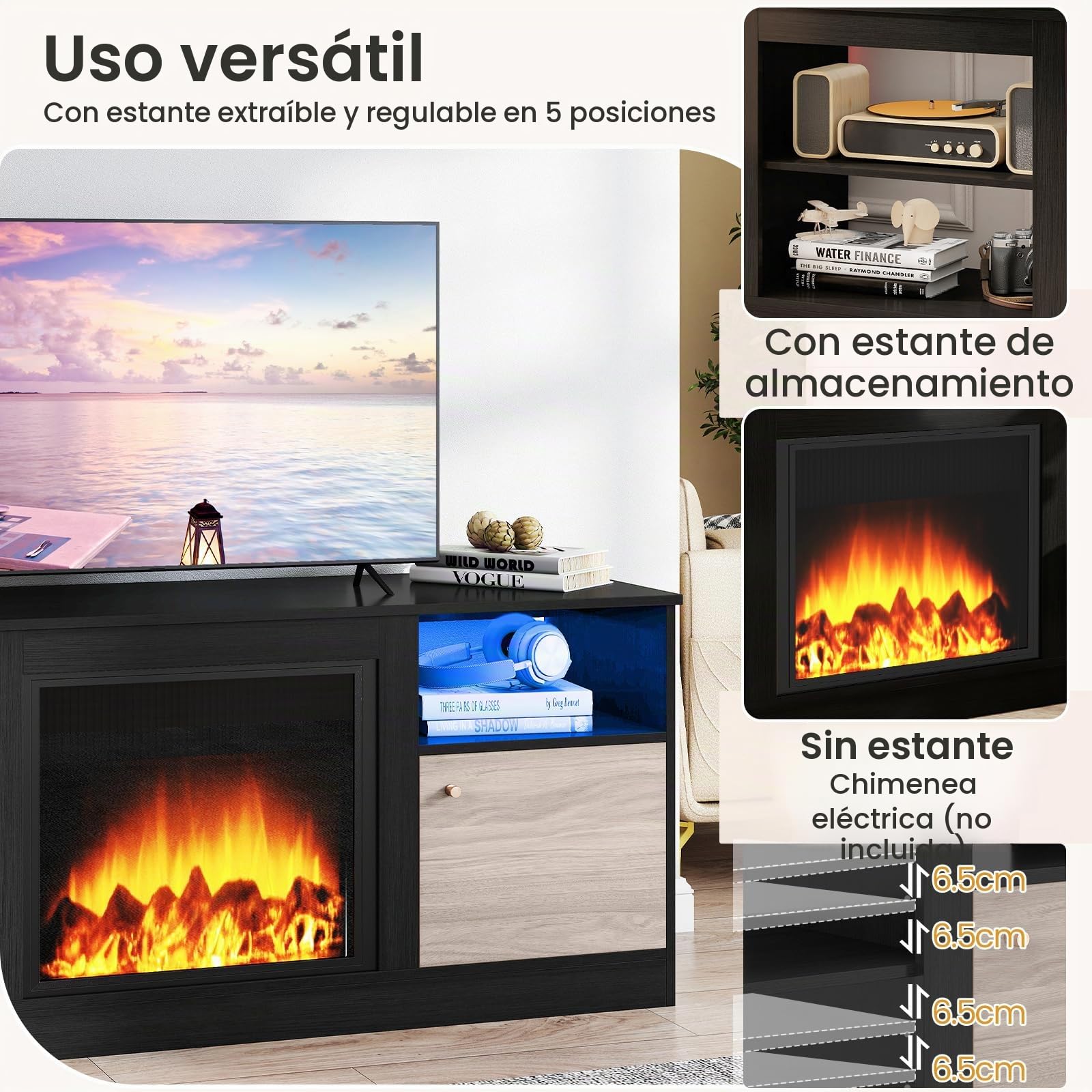 KOMFOTTEU Mueble para TV de 65" con Luces LED | Mesa Baja para Televisor con Estante Ajustable y Compartimento Abierto, Centro de Entretenimiento para Salón, Dormitorio