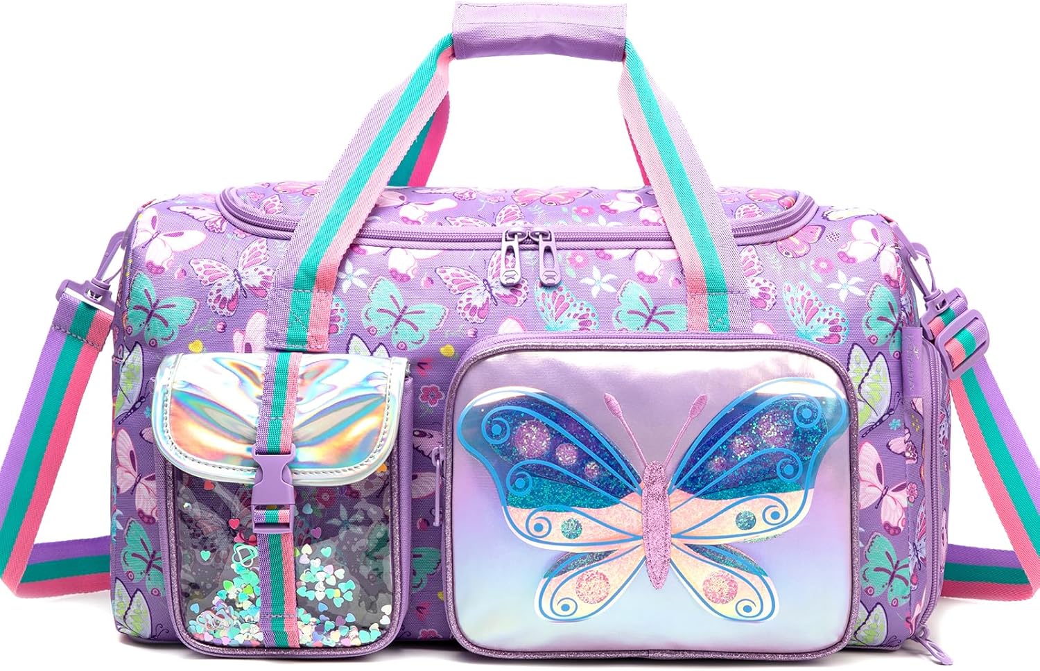 Butterfly Kids Duffle Bag Girls Dance Bag Travel Overnight Sleepover Bags for Girls Gymnastics Sports Bags for Kids with Shoes Compartment