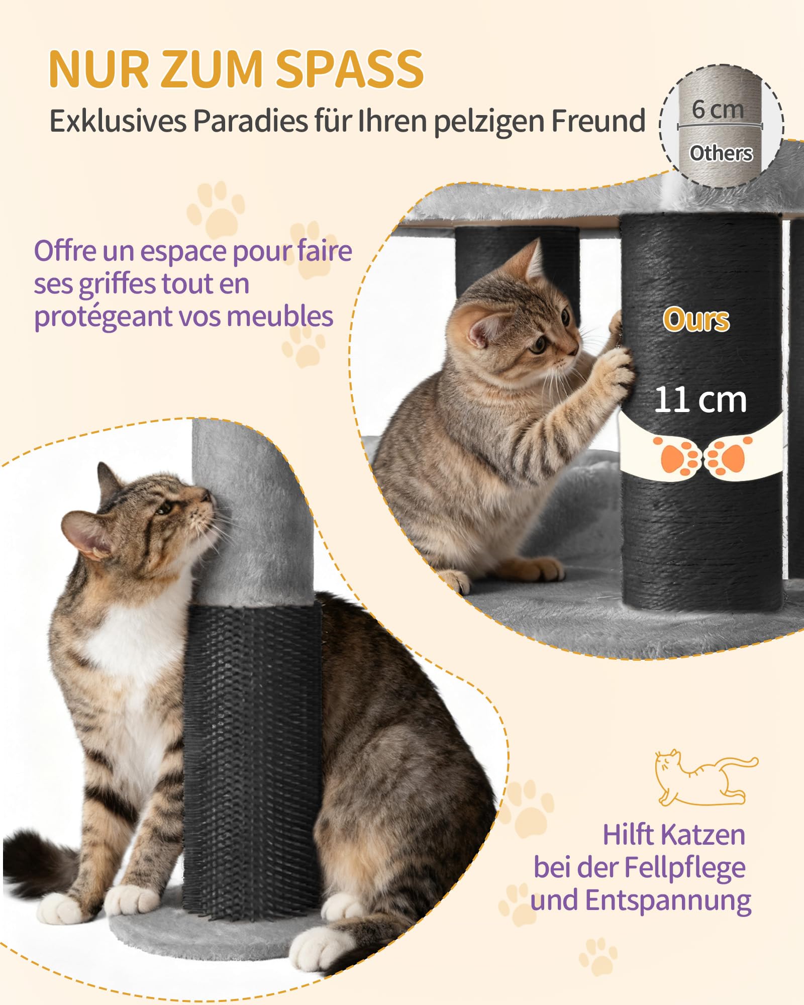 Hzuaneri Kratzbaum, 163 cm Katzenbaum, 11 cm d Dicke Sisalstämme, für Große Katze, 2 Höhlen, Geräumige Plattform, Plüschball, Katzenbürste, Mehrstöckiger Katzenkratzbaum, Hellgrau Schwarz MS16318BG