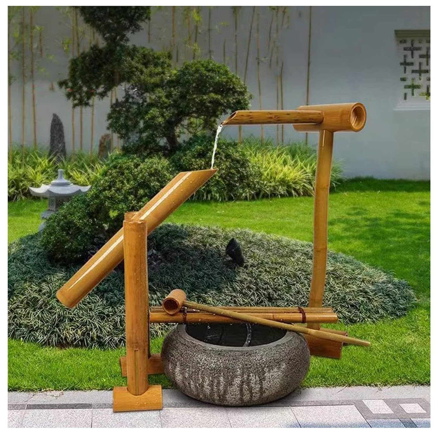 asdchZen Bamboo Water Fountain Decoration For Zen Garden, Outdoor Pond Water Features, Rocking Pump Waterfall, Japanese Garden Decor