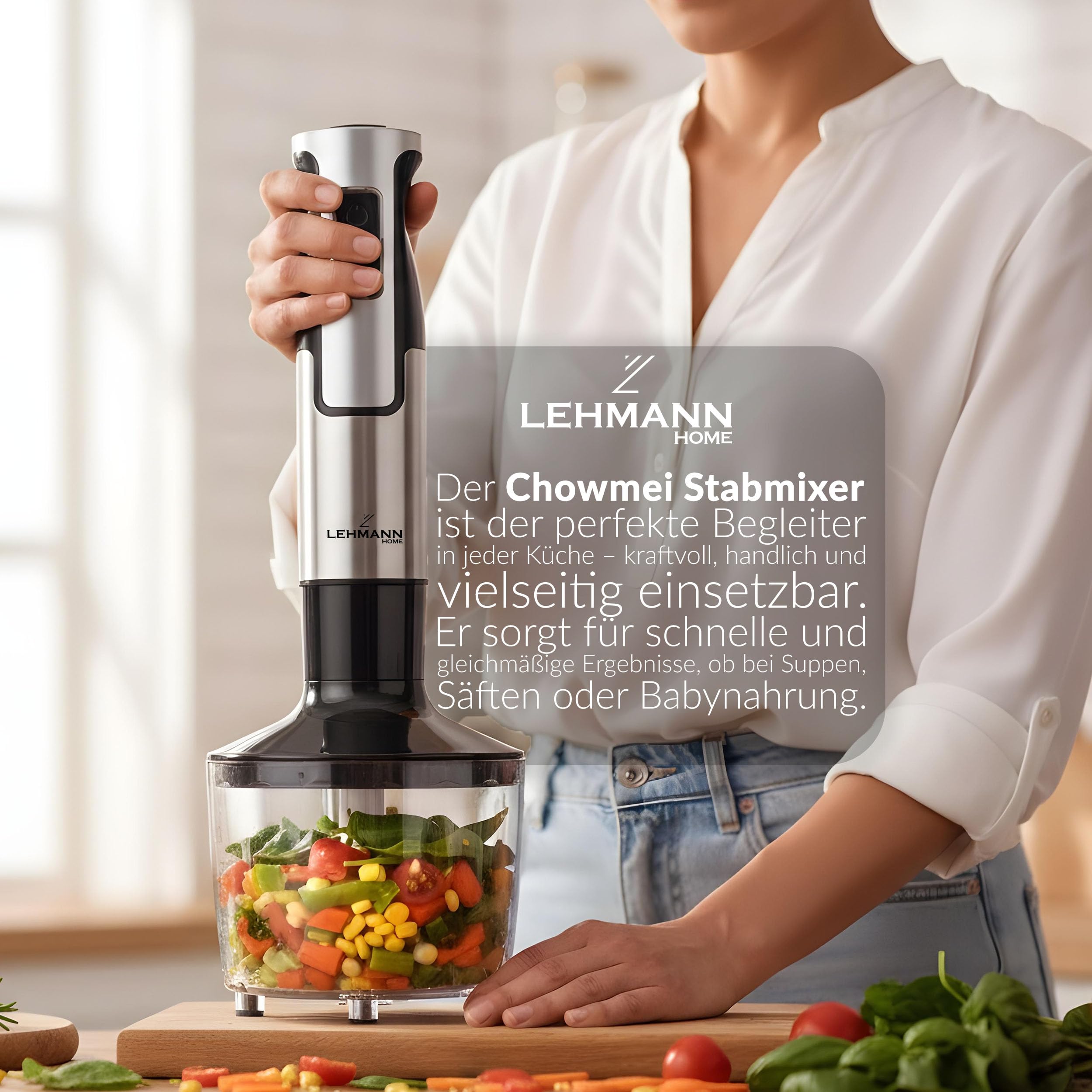 LEHMANN Stabmixer Set 1200 Watt - Multifunktions Pürierstab 5-in-1-6 Zubehör - 860 ml Messbecher - 8-stufige Geschwindigkeitsregelung - Turbo-Funktion - 15.000 U/Min - BPA-frei - Goldene Klinge
