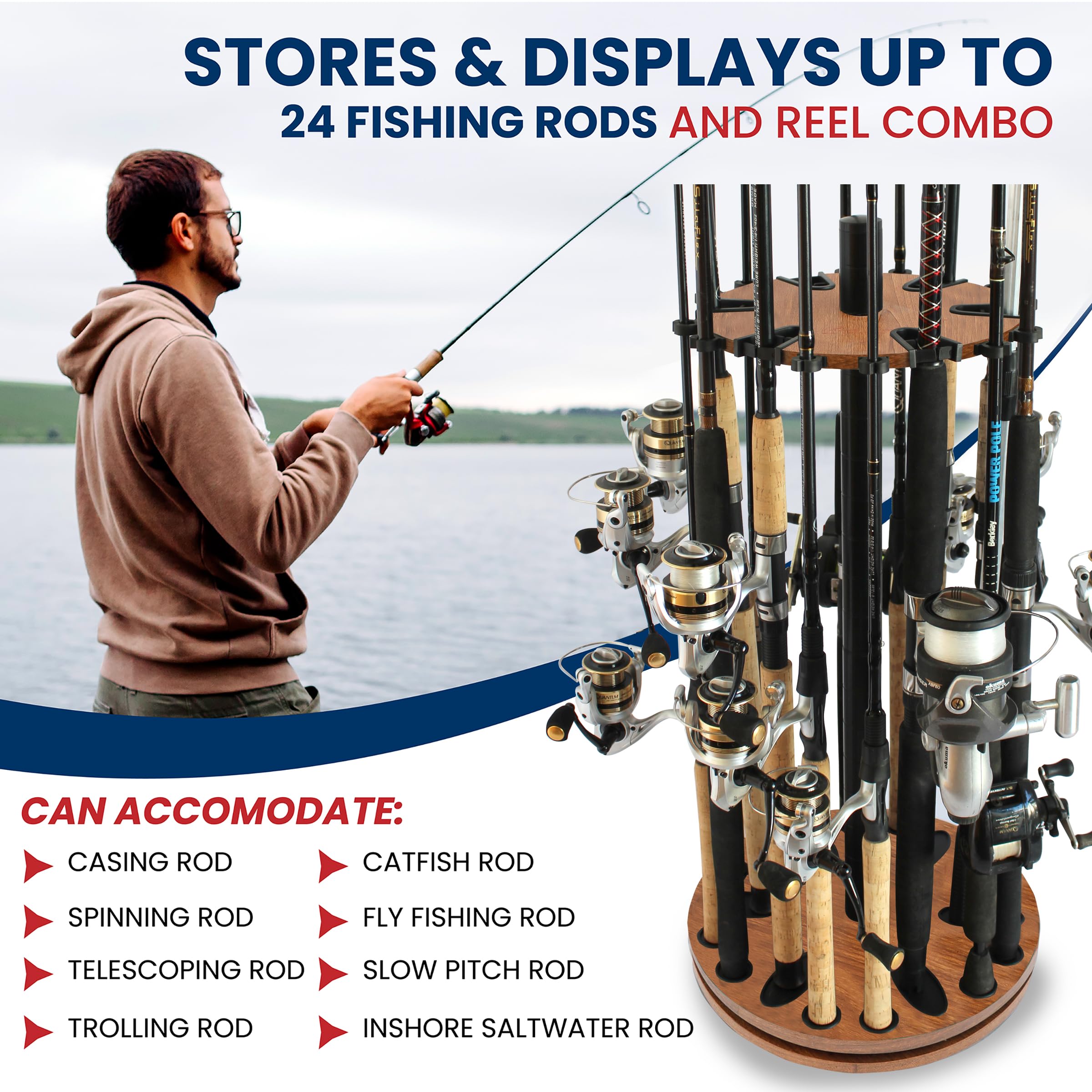 Rush Creek Supporto Per Canne Da Pesca Rolling 16: Mobile In Legno Massello, 16 Canne