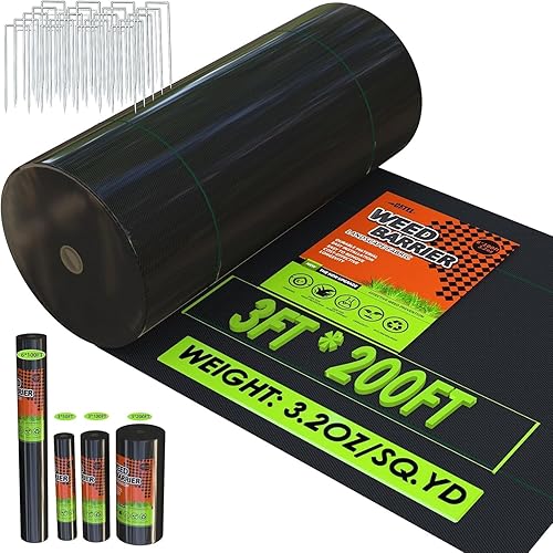 Tela de barrera de malezas de 3 x 200 pies, resistente, tela geotextil duradera de 3.2 onzas, alfombrilla de protección de suelo para jardinería,