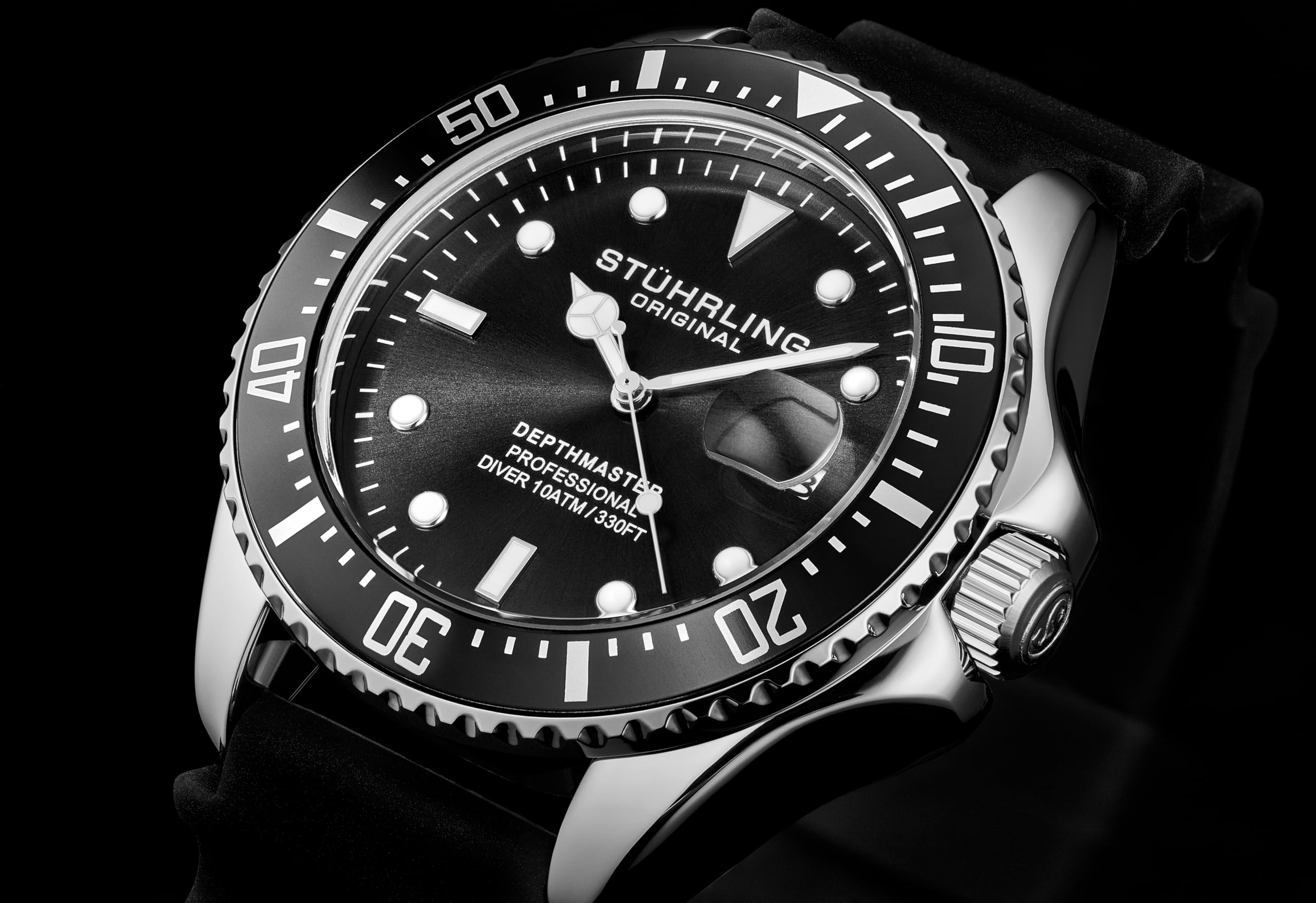 Stuhrling Oryginalny męski zegarek do nurkowania, srebrny 42 mm, obudowa z zakręcaną koroną, gumowy pasek, wodoodporny do 90 cm