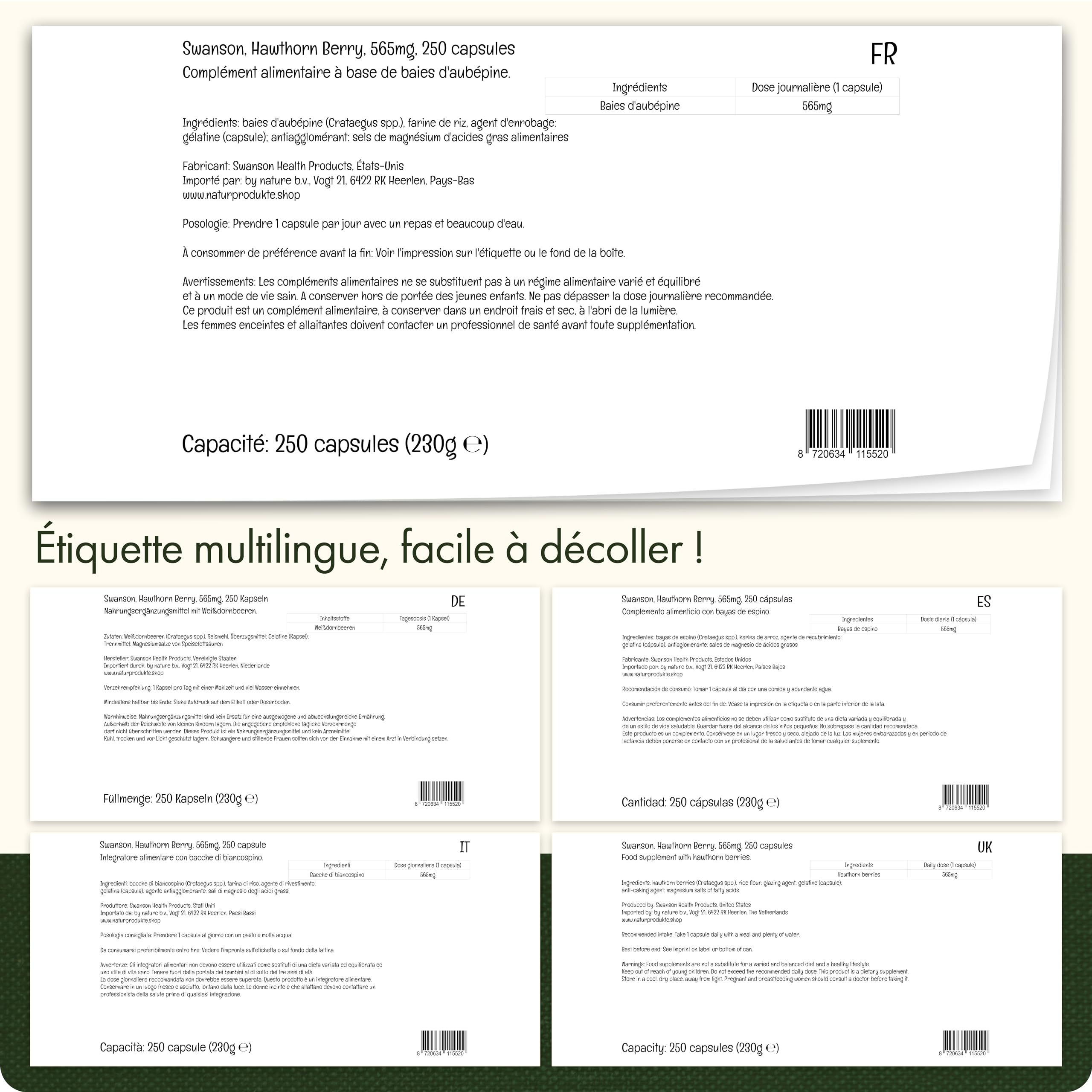 Swanson, Hawthorn Berry (Baies d'Aubépine), 565mg, 250 Capsules, Hautement Dosé, Sans Soja, Sans Gluten, Sans OGM