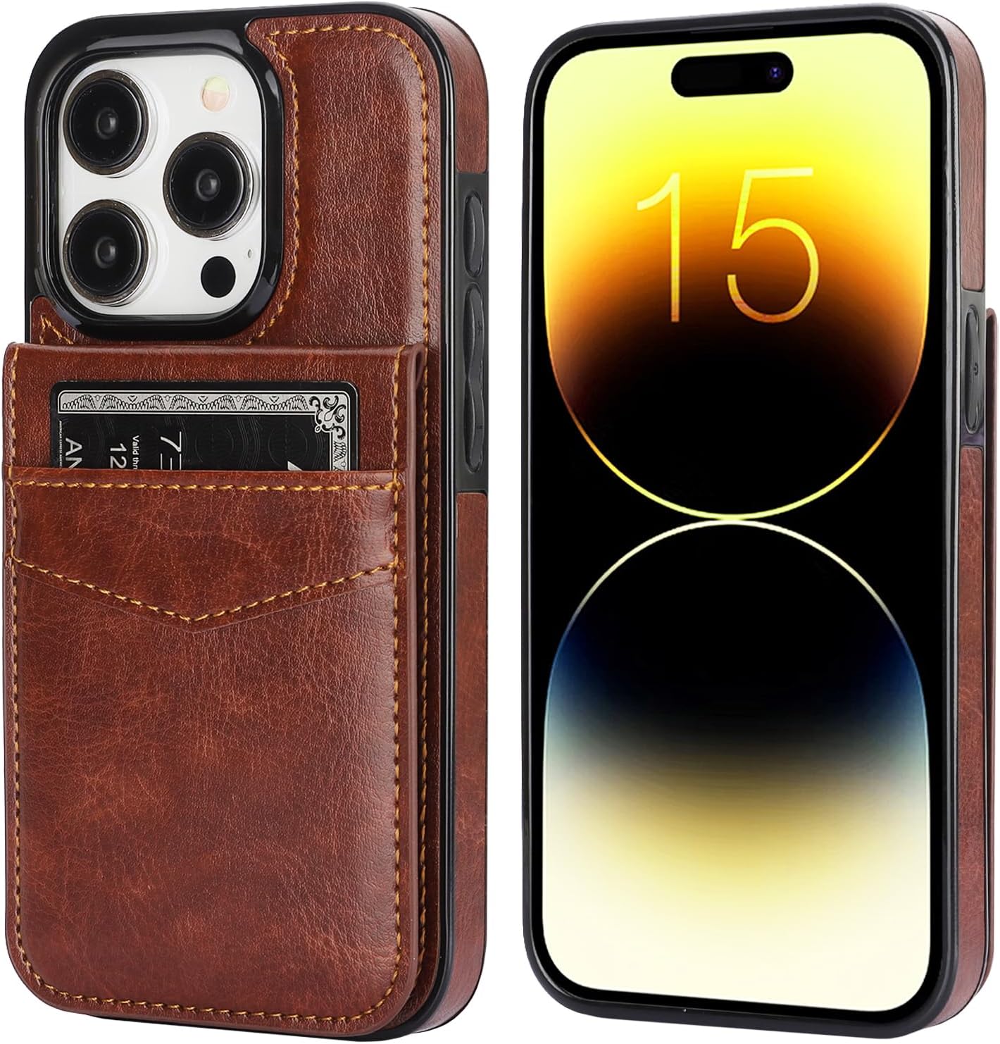 KIHUWEY Compatible with iPhone 15 Pro Case Wallet with Credit Card Holder, Flip Premium Leather Magnetic Clasp Kickstand Heavy Duty Protective Cover for iPhone 15 Pro 6.1 Inch (Brown) - Image 3