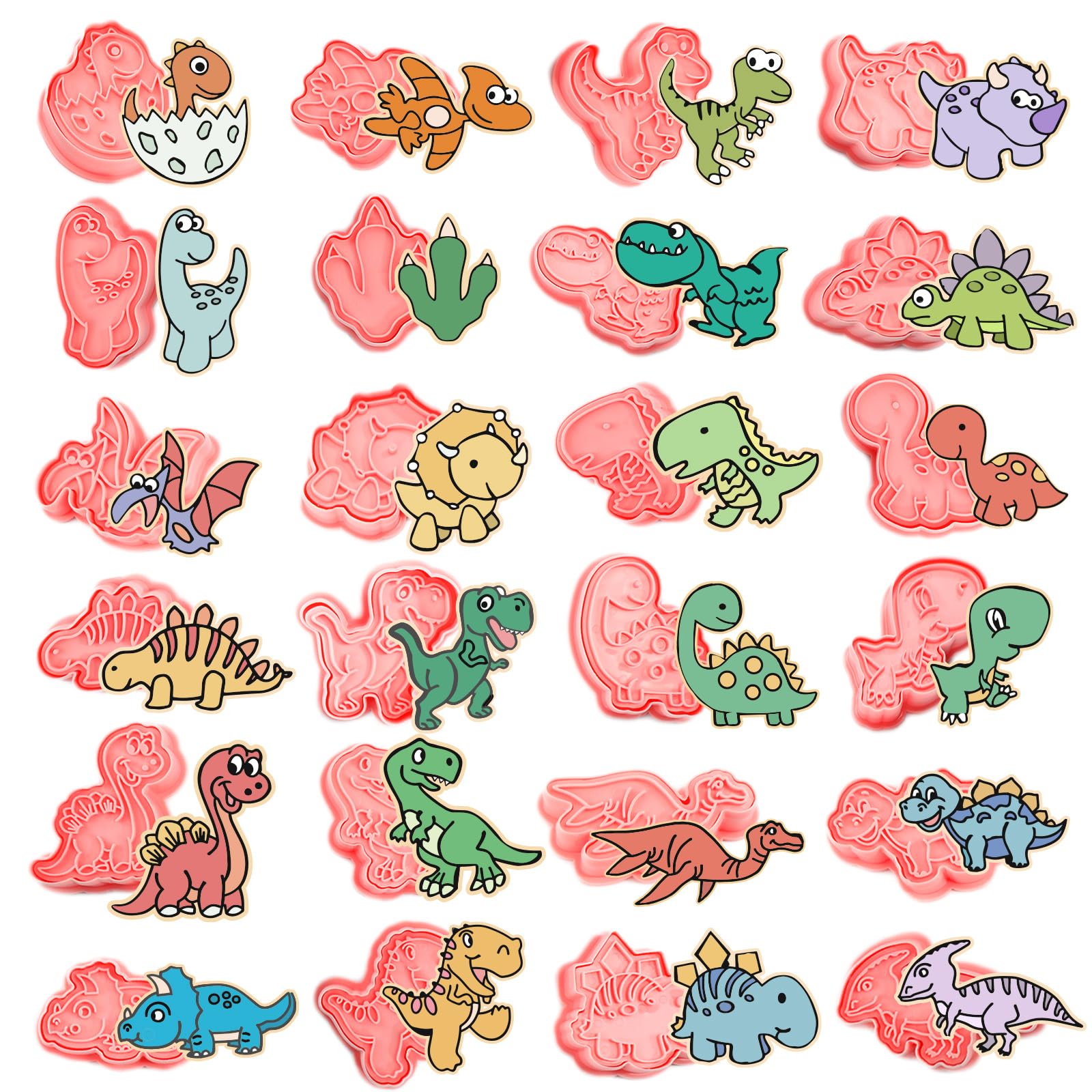 24 cortadores de galletas de dinosaurio con sellos de émbolo, diseño de época jurásica, moldes para galletas en relieve