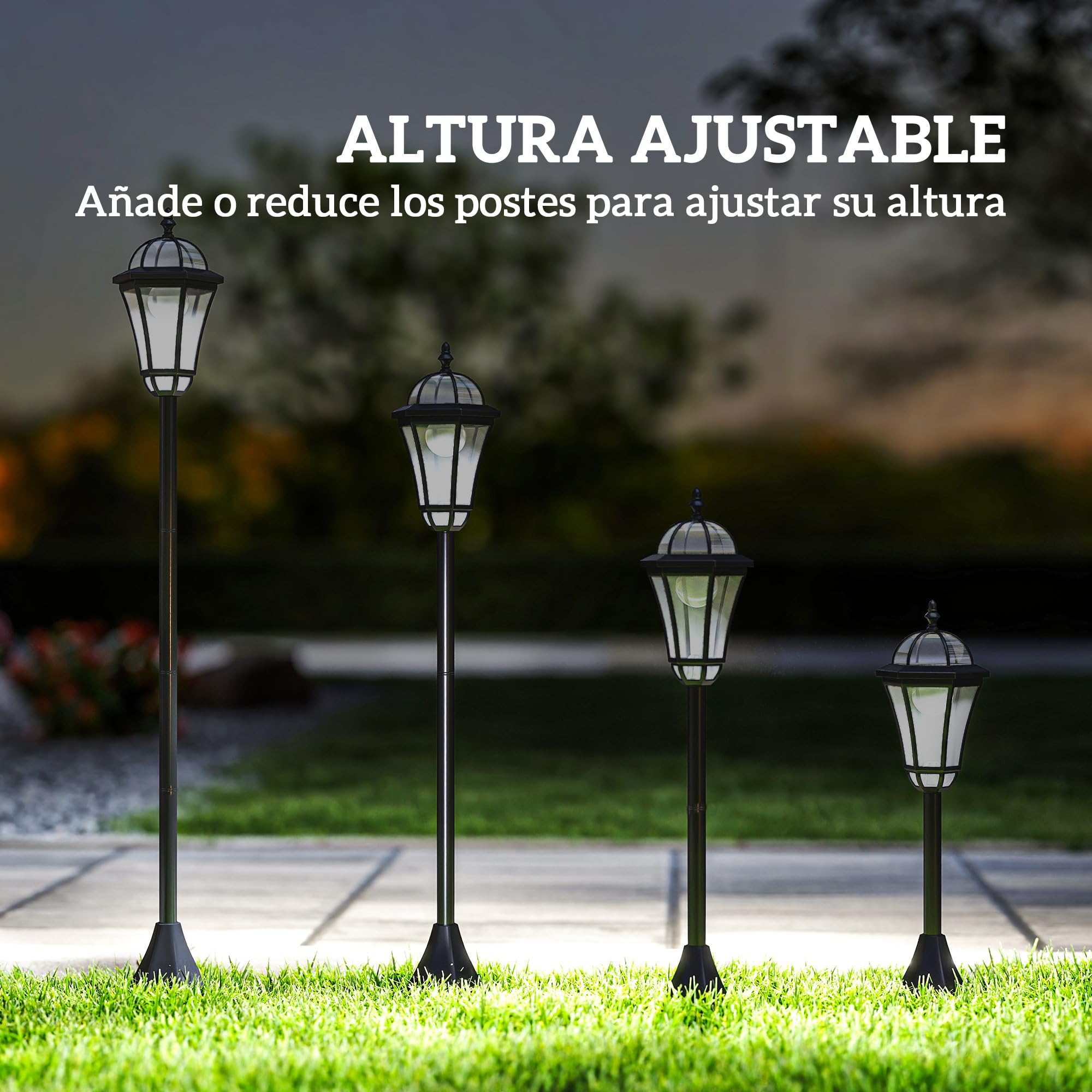 Outsunny 2 Farolas Solares de Jardín con 2 Luces LED Blanca Impermeable IP44 Apagado Automático Set de 2 Farolas de Exterior para Camino Terraza Patio 18,5x18,5x129 cm Negro