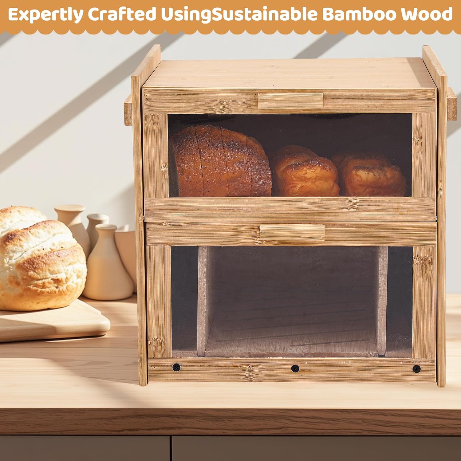 Double Layer Bread Box for Kitchen Countertop, Bamboo Breadbox with Slicer, Baguette Storage for Homemade Bread, Breadbox with Cutting Board/Window, Gifts for Home Bakers