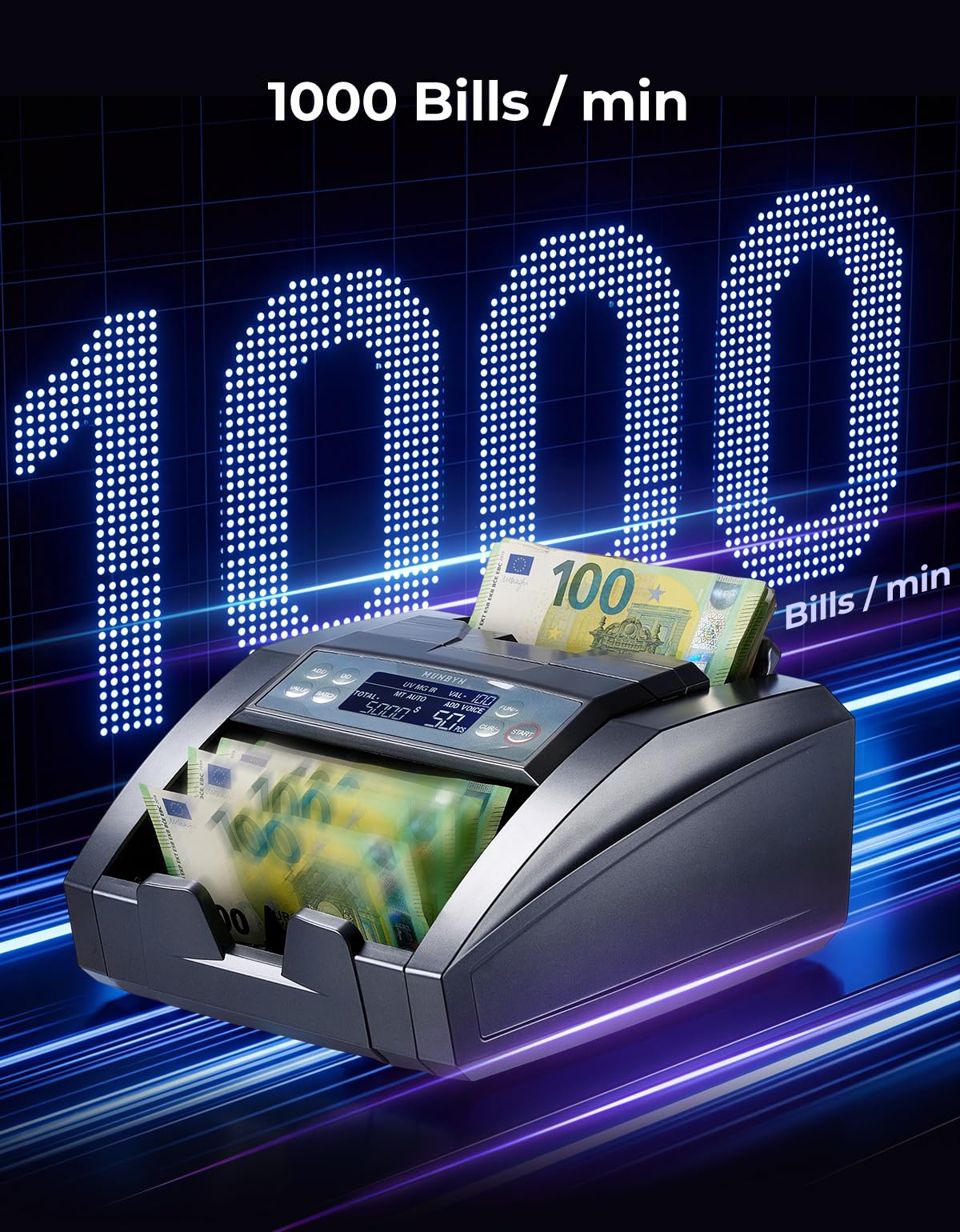 MUNBYN IMC27 Contador de Billetes con Conteo De Valor, Detector De Billetes Falsos UV/MG/IR/MT, Máquina De Contar Billetes para Euro Y USD, Modo Add/Batch, 1300 Bill/Min, Garantía De 2 Años