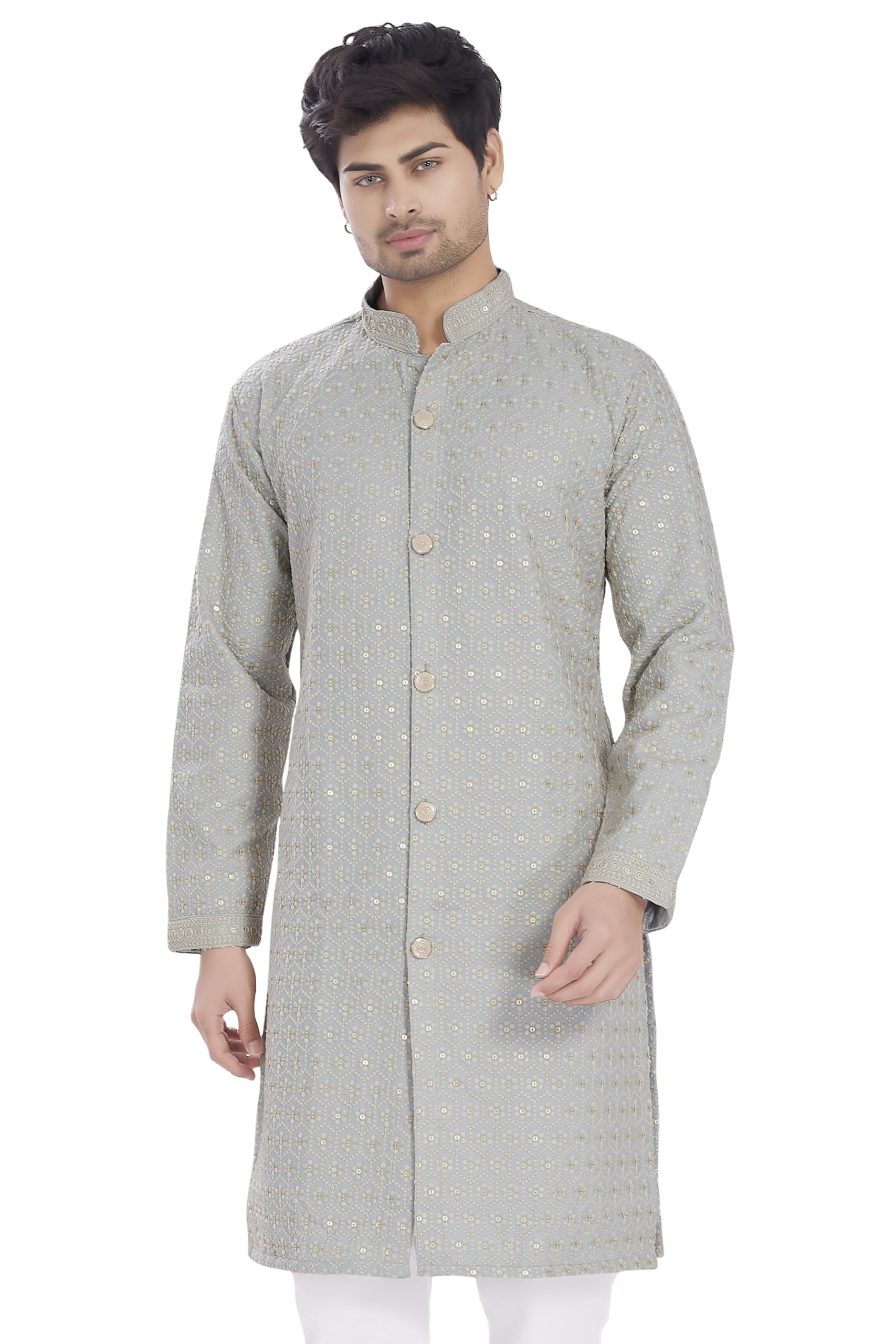 divisive Men's Sequince Embroidered Cotton Blend Semi Indo Western Only Kurta-picture-34