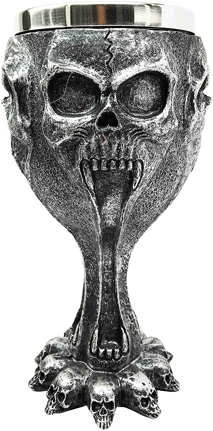 Ebros Silver Day of The Dead Ossuary Distorted Shrieking Ghost Morphing Skull Wine Goblet 7oz Wine Chalice As Kitchen Decorative Halloween Party Centerpiece Accessory