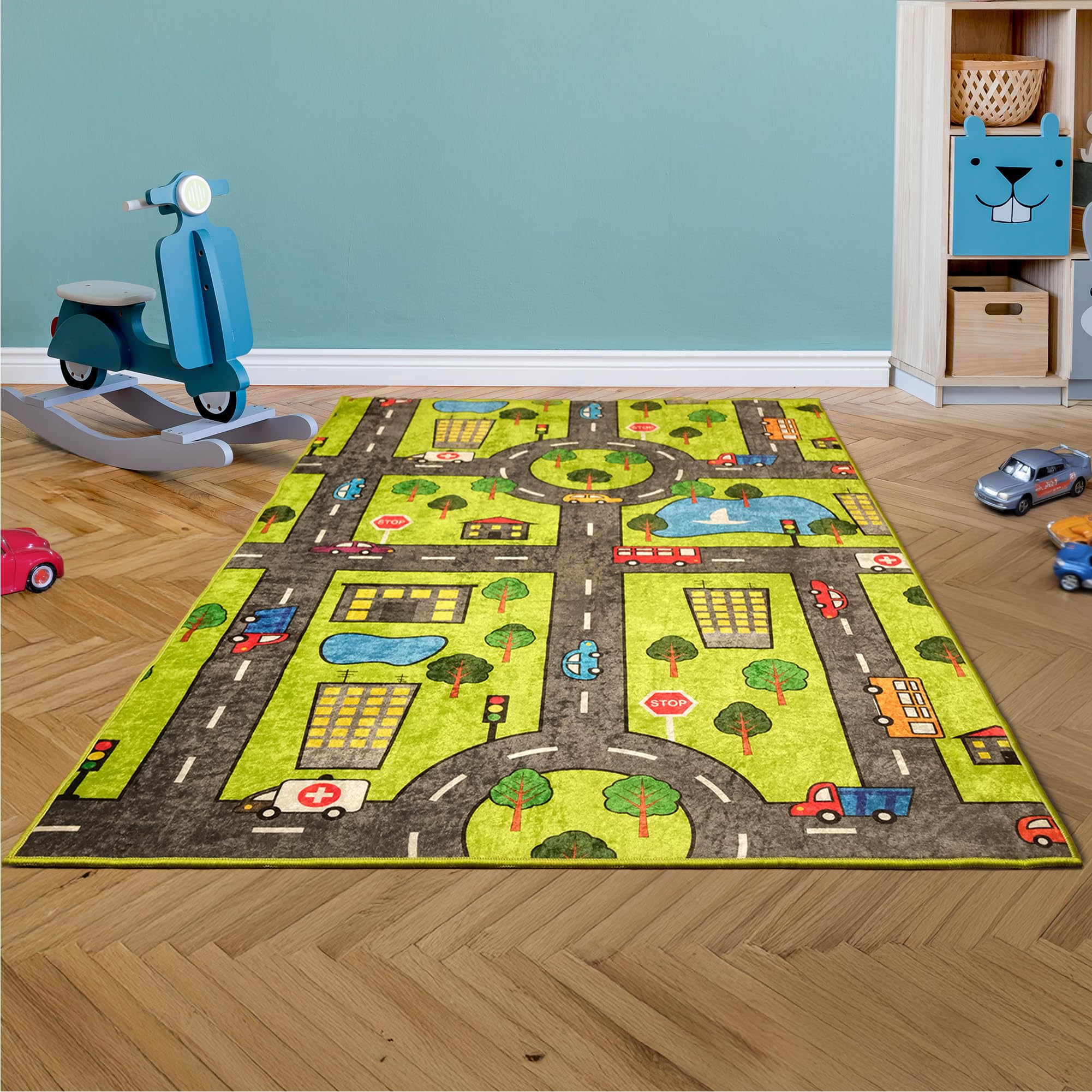Tappeto per bambini e neonati – Diverse varianti di design, lavabile, antiscivolo, morbido, ideale per camerette e sale giochi, 100 x 160 cm, verde città.