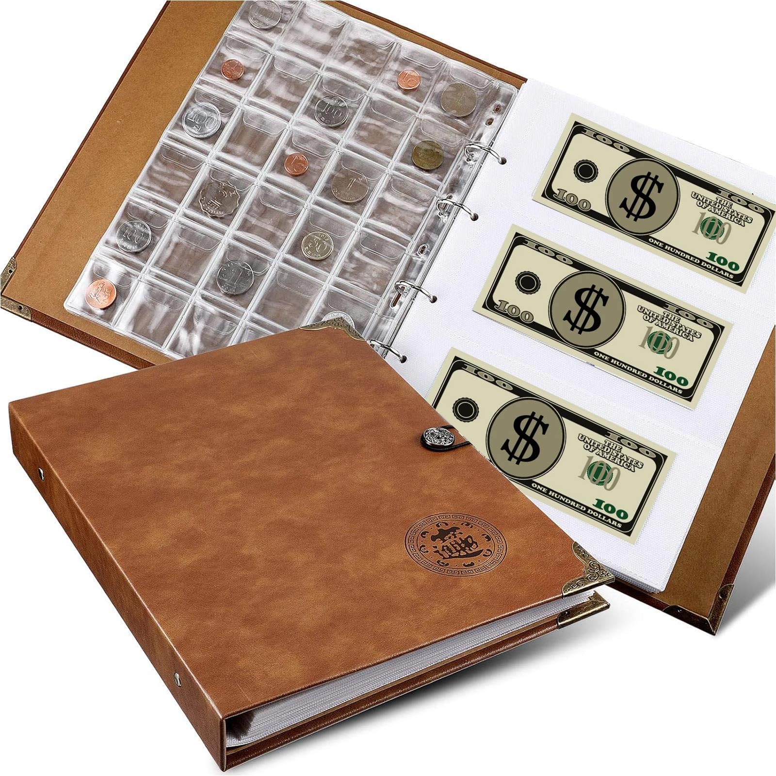 Zonon coin collecting holder album with 150 coin pockets and 240 paper currency pockets, pu leather coins collection holder penny currency storage book, Zonon-Holder Album-03