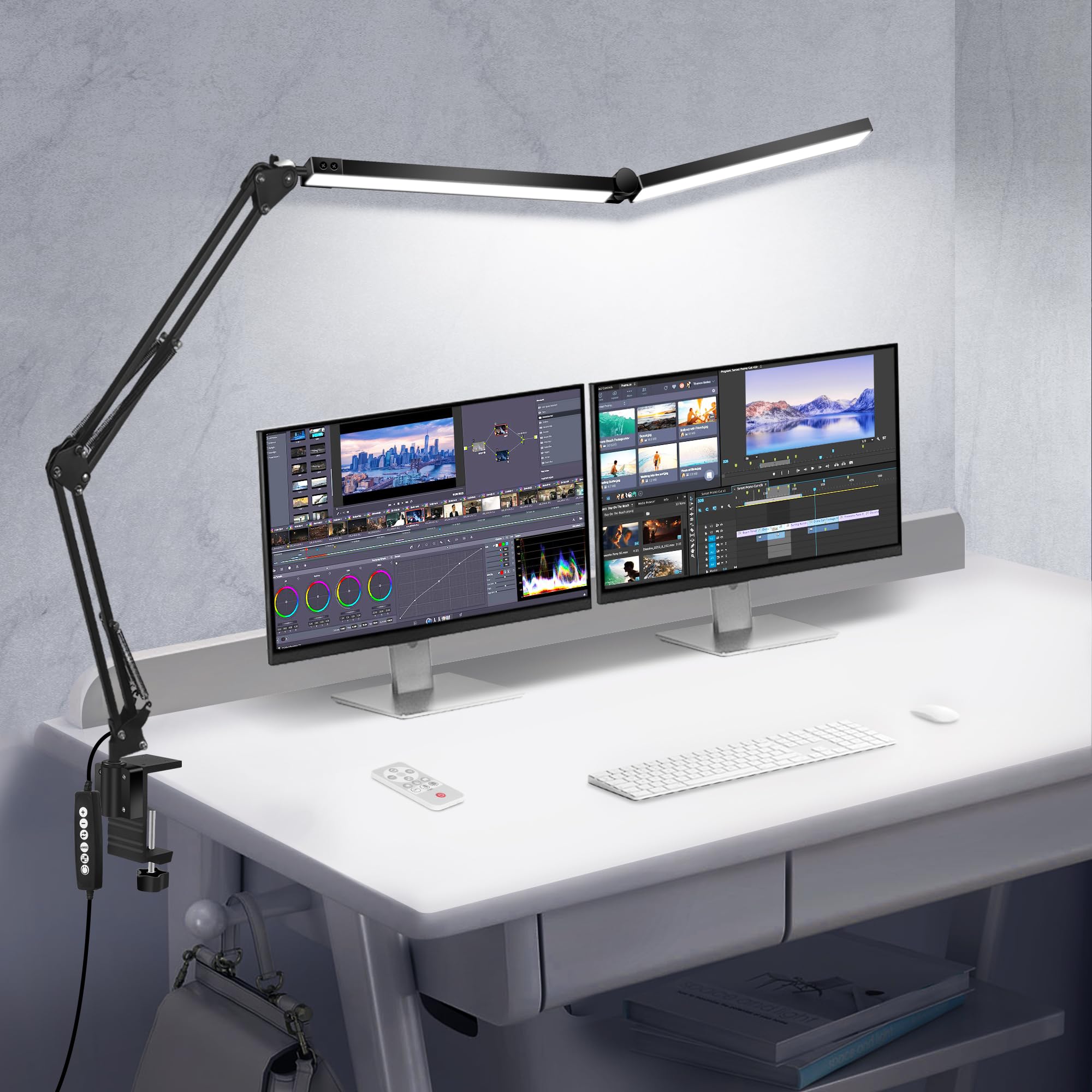 Gran Flexo LED Escritorio con Cabezas Dobles Flexibles, 24W con Iluminación Central de 1300lux, 5 Temperaturas de Color, Temporizador de 30 Minutos, Luz Nocturna, Lámpara de Mesa Universal con Pinza