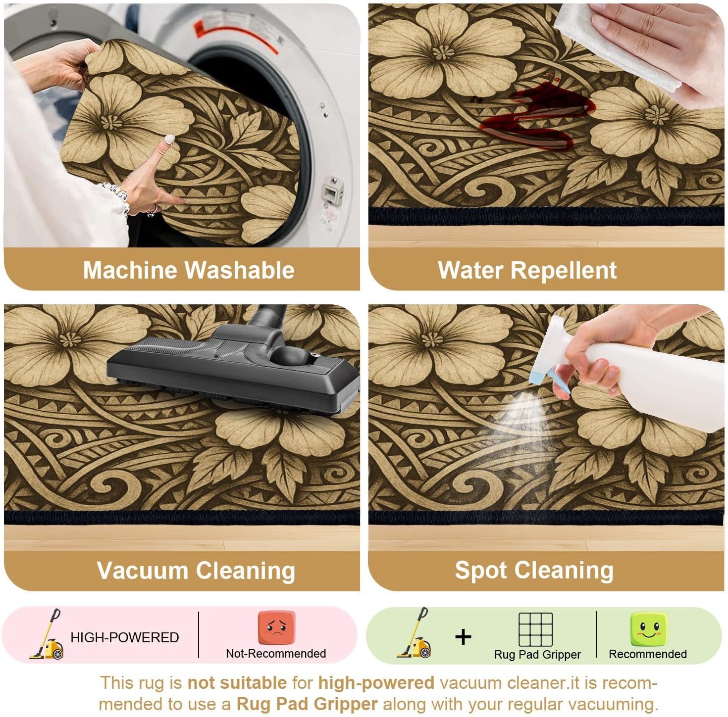 8x10 Area Rugs for Bedroom Boho Washable Rug for Living Room Polynesian Ethnic Motives Floral Elements Carpet for Dining Room Bedroom Non-Slip Carpets