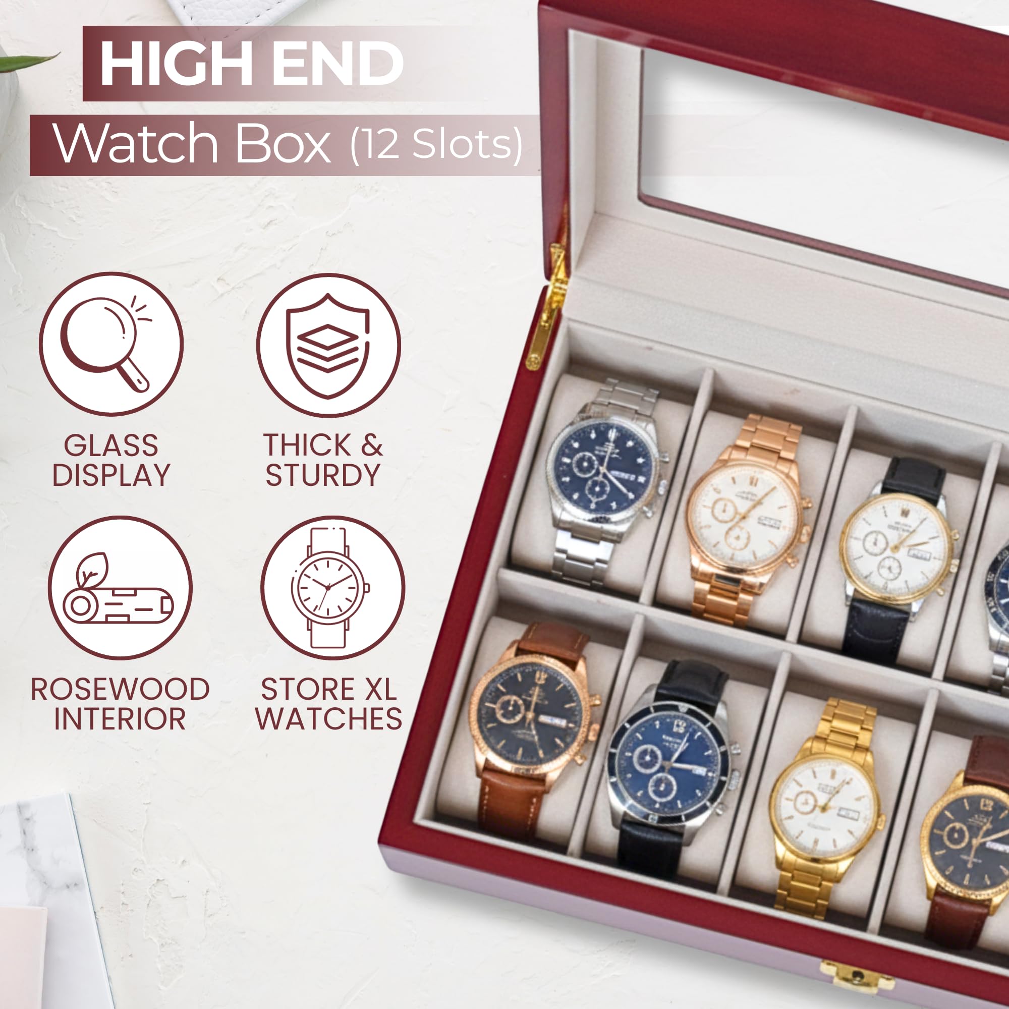 Boîtier de montre en palissandre de qualité supérieure avec finition brillante – Boîte à montres à 12 emplacements avec couvercle en verre – Organiseur de luxe pour montres pour homme et