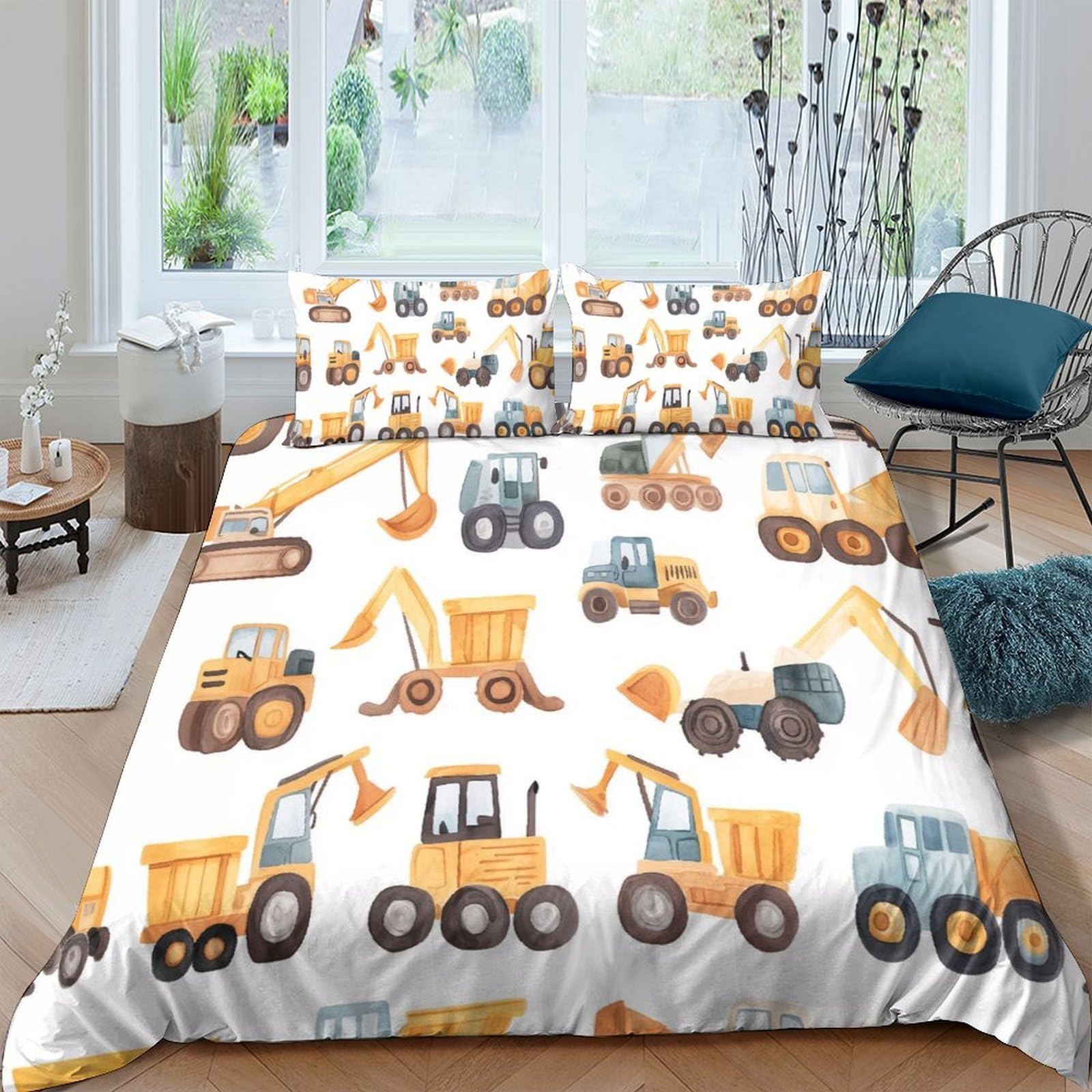GPLZQXKJNH 3D Printed Construction Vehicles Duvet Cover Microfiber Soft Breathable Excavator Truck Bedding Set with 2 Pillowcases for Bedroom Decor Single（135x200cm）