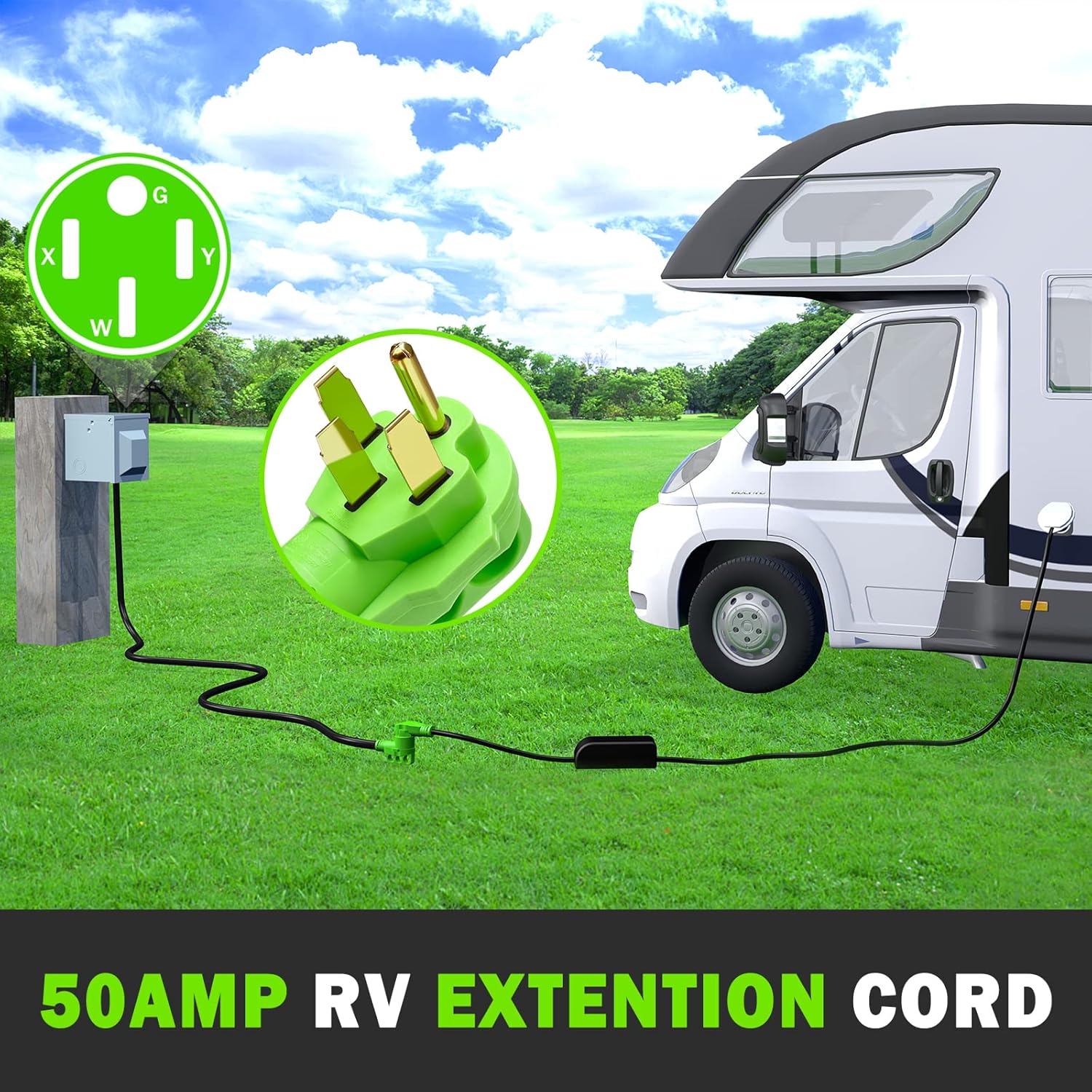 UL Listed 50 Amp RV Extension Power Cord, 25 Feet Lockable Heavy Duty 6/3 + 8/1 SJTW AWG Gauge Cord, NEMA 14-50P to SS2-50R with Cord Organizer, 125V/250V for RV Camper and Generator to House