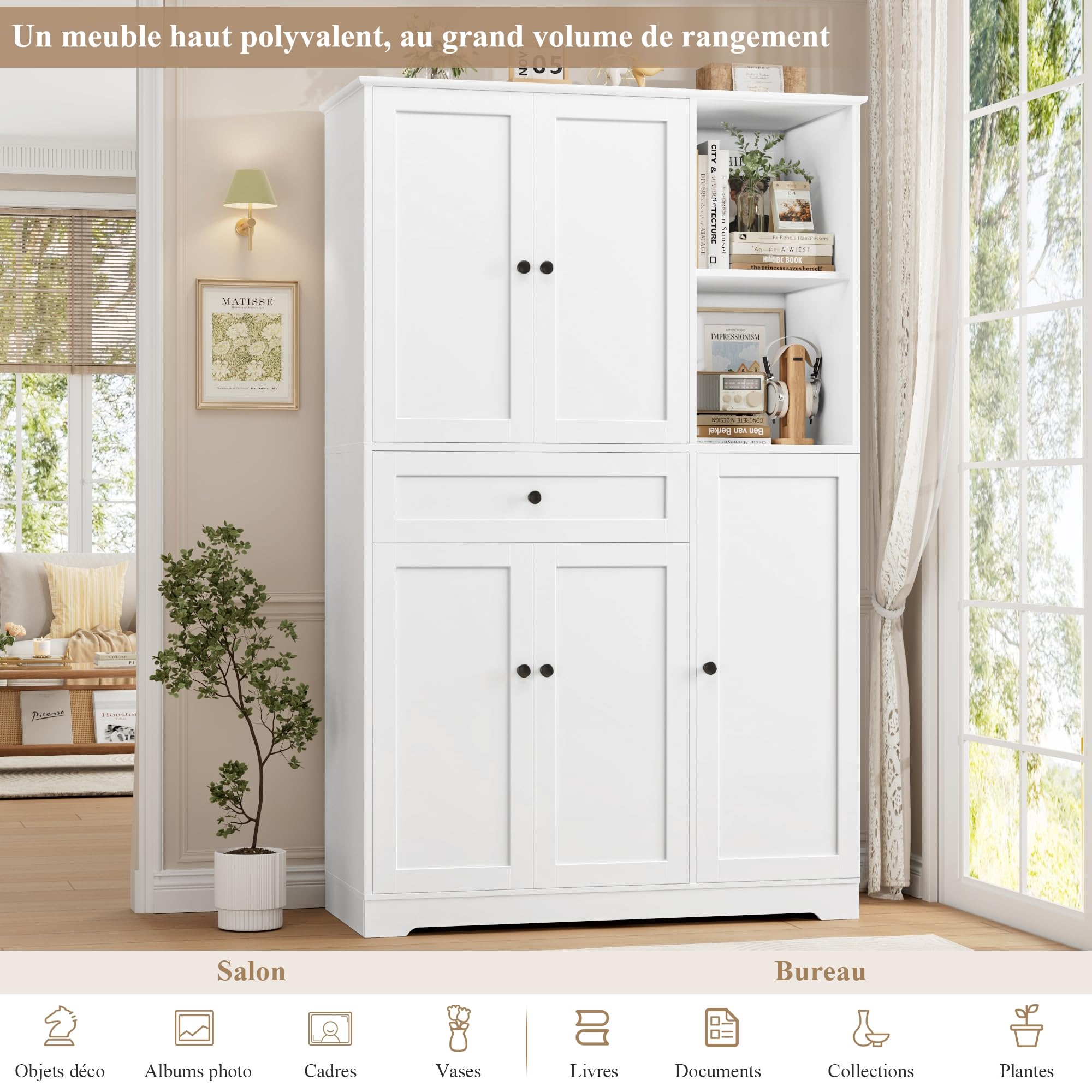 FirFurd Buffet Haut Cuisine Meuble Rangement Vaisselier avec 5 Portes Blanc | 104x40x173cm, Porte avec étagère à épices, Armoire meuble cuisine avec 13 étagères, 1 tiroir, Pour salle à manger, salon