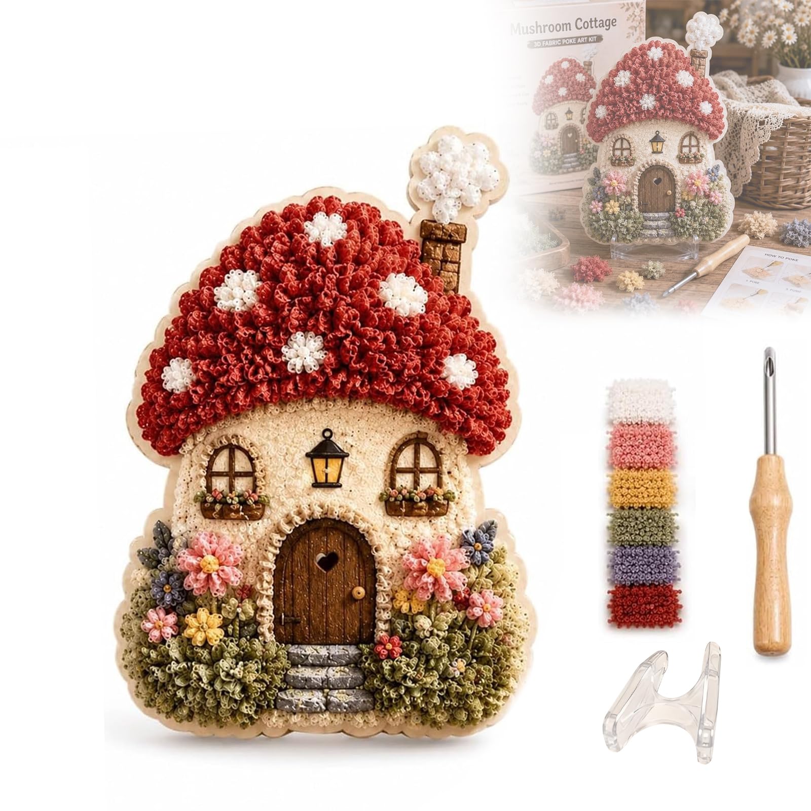 Eznaobo Whimsical Village 3D Fabric Poke Art Kit, Floral Mushroom Cottage Creative Craft Set,No Sew Press Technique,Home Decor Craft for Adult Beginner Handmade Hobby Gift,DIY Handmade Hobby Gift