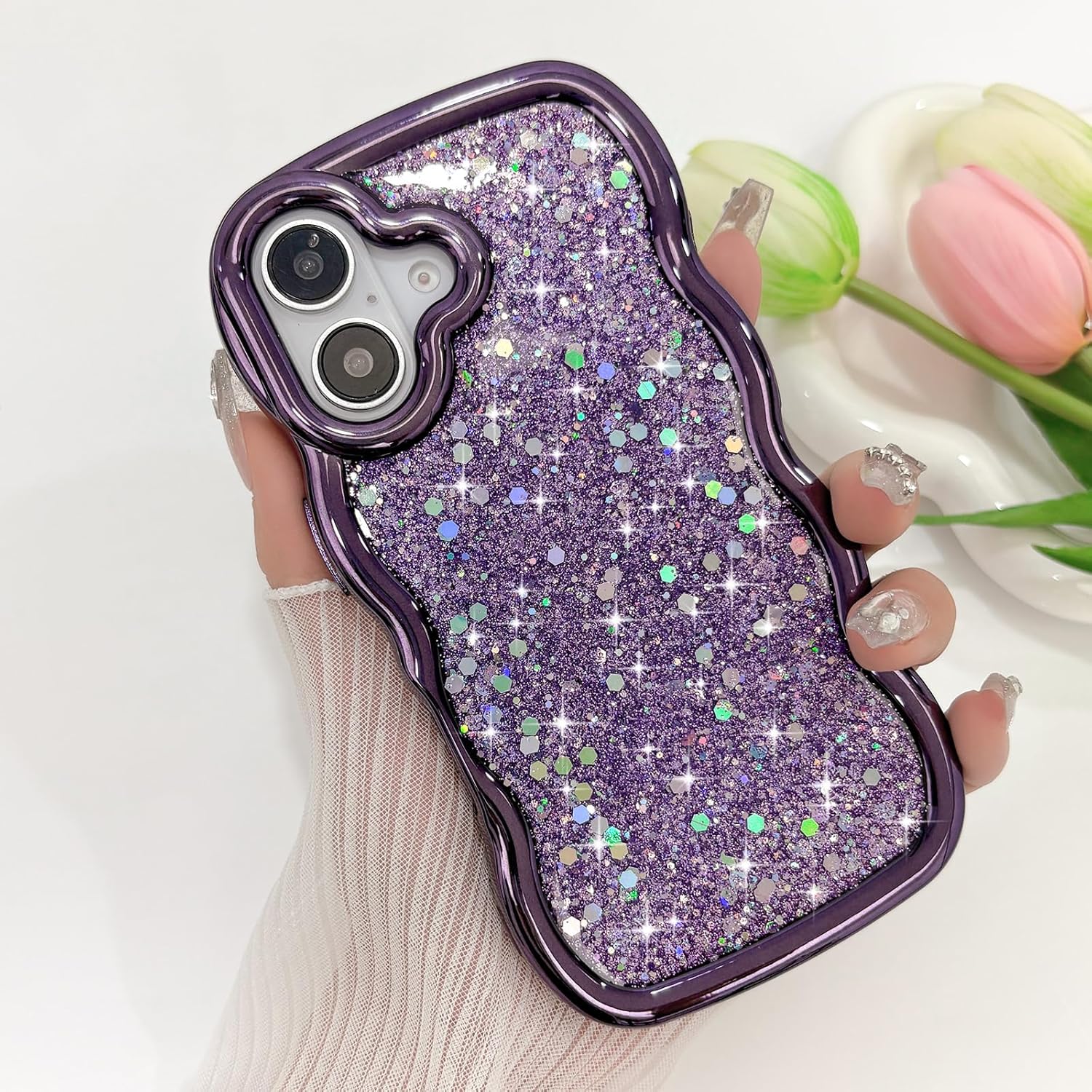 Micoden for iPhone 16 Case, Cute Bling Glitter Sparkly for Women Girls Slim Protective Durable Curly Wave Edge Luxury Plating Shockproof Slim Camera Protection Phone Case for iPhone 16, Purple - Image 5