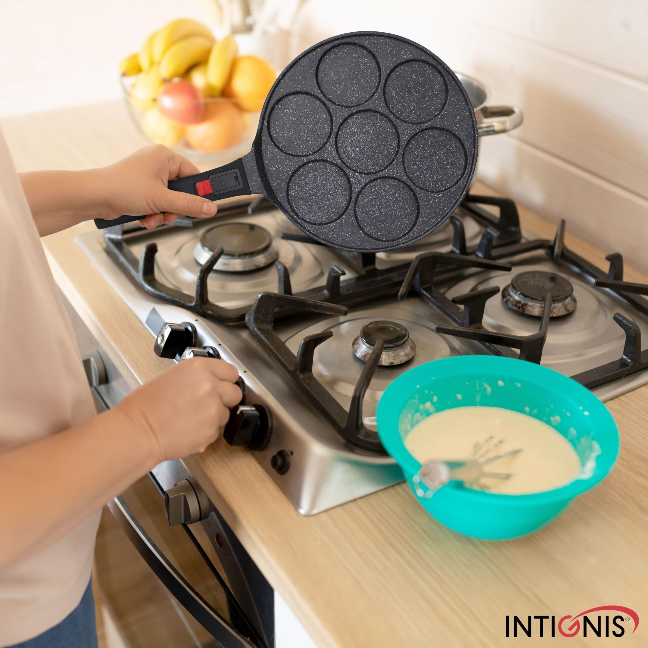 INTIGNIS® Padella antiaderente - Mini padella per pancake multiforo, padella per crêpes e pancake in stile americano con 4/7 fori per pancake individuali perfetti (7 - Smart)