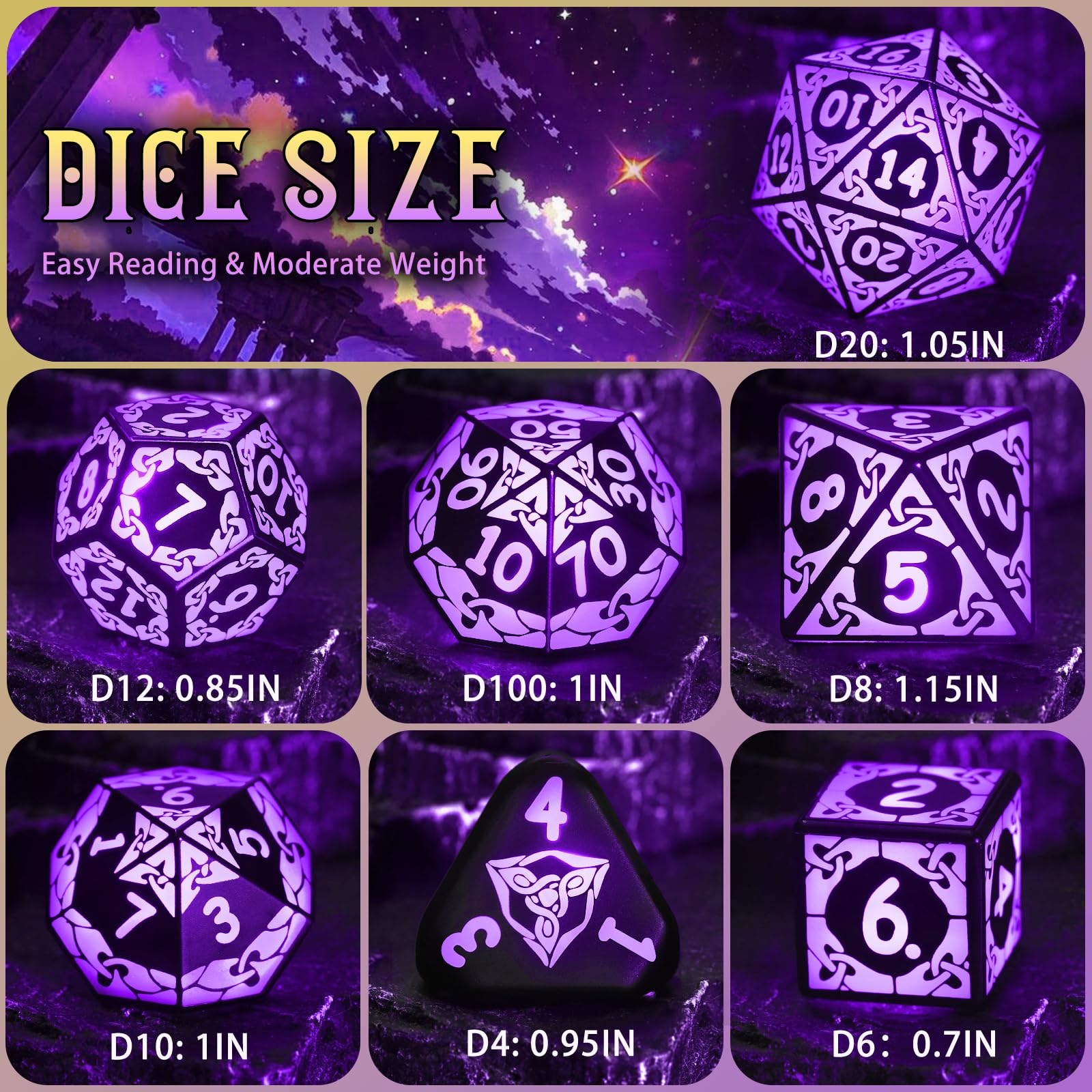 ZHOORQI Juego de dados LED DND recargables, dados de luz fría, carga inalámbrica para Dungeons and Dragons, dados poliédricos para juegos de rol, regalos D&D (grilletes morados)