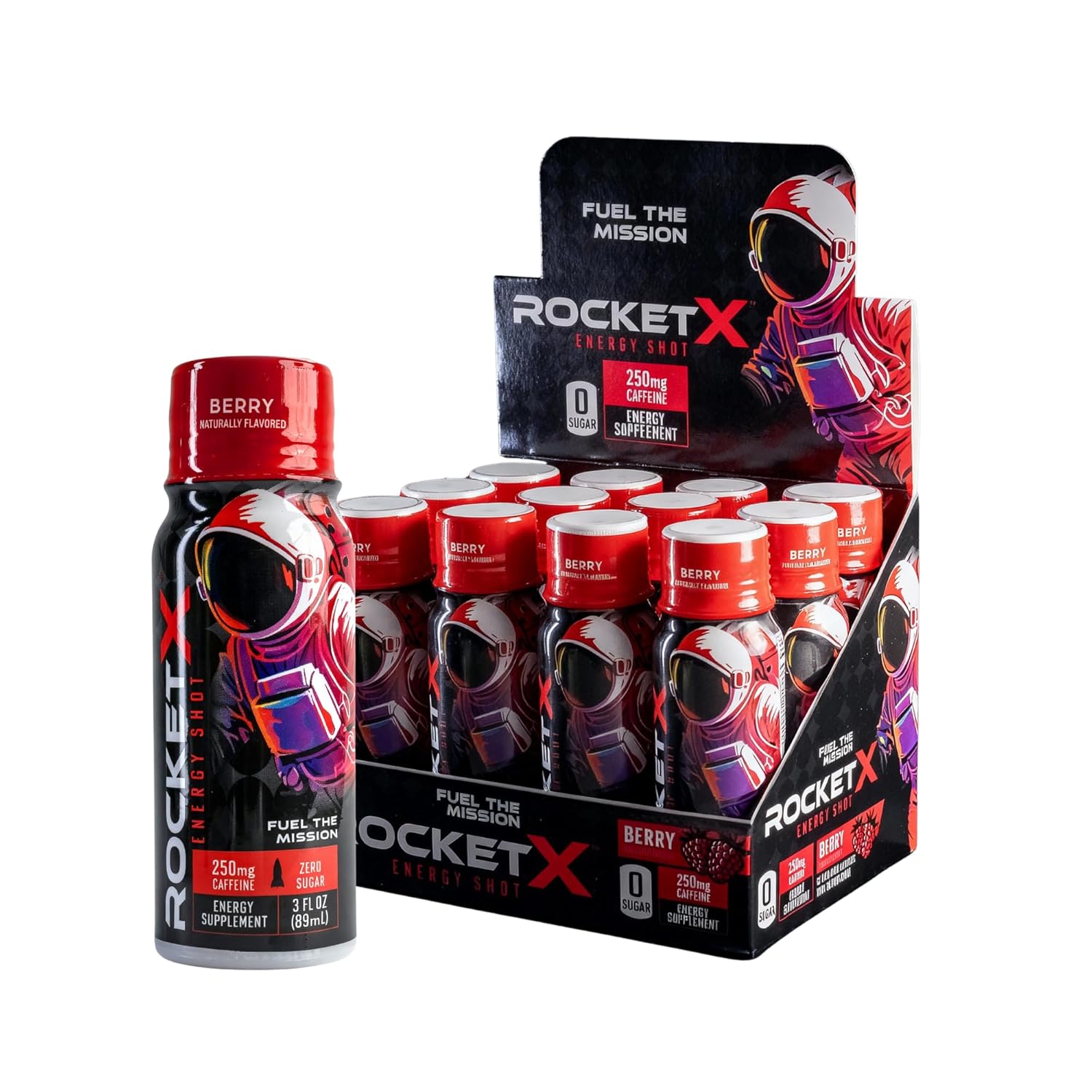 RocketX Energy Shot, Zero Calorie and Zero Sugar Energy Drink, with Natural Caffeine and B-Vitamins, Midnight Berry Flavor, 3 fl oz, Pack of 12