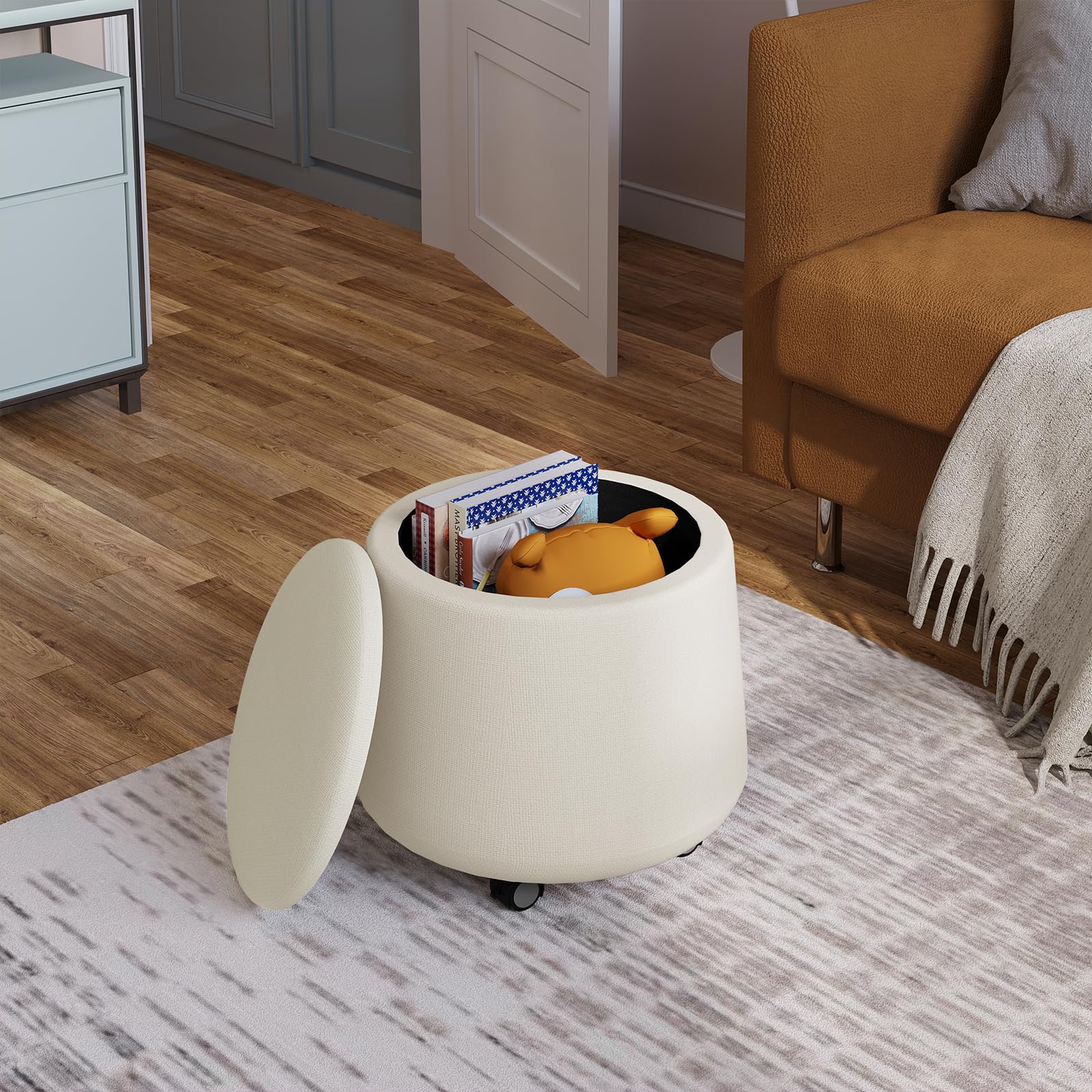 WOLTU Tabouret Rangement à roulettes, Repose Pied Salon, Pouf Rond Chambre, Coffre de Rangement Mobile avec Couvercle Amovible, Siège Rembourré, en Lin, Crème, SH91cm