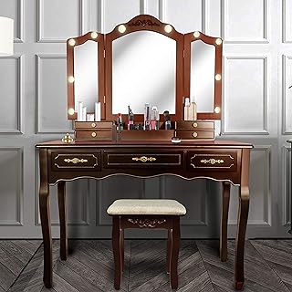ENSTVER Vintage Vanity Desk with Mirror and Lights, Tri-Folding Mirrors,...