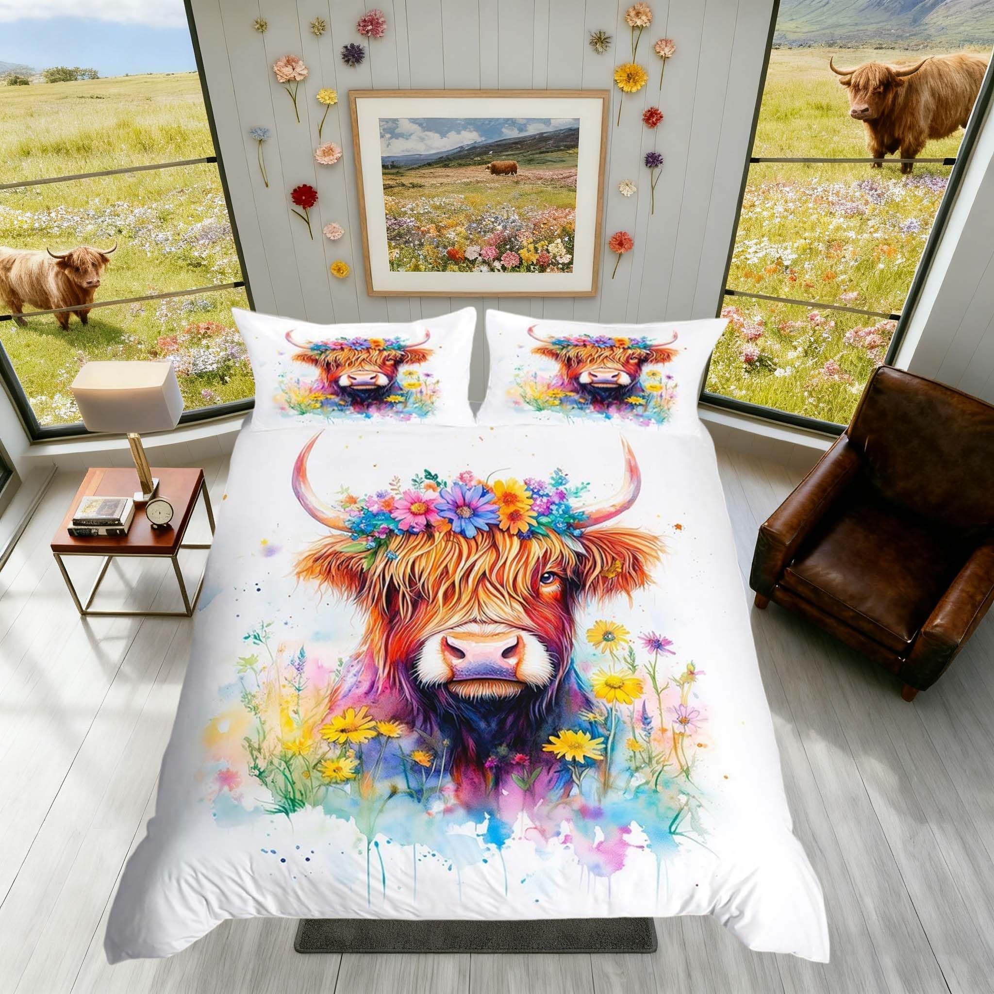 Homemissing Highland Cow Duvet Cover Set Super King Size For Kids Boys Girls Teens Farmhouse Highland Cattle Bedding Set Yellow Flowers Pattern Duvet Cover with 2 Pillowcases โ image 1