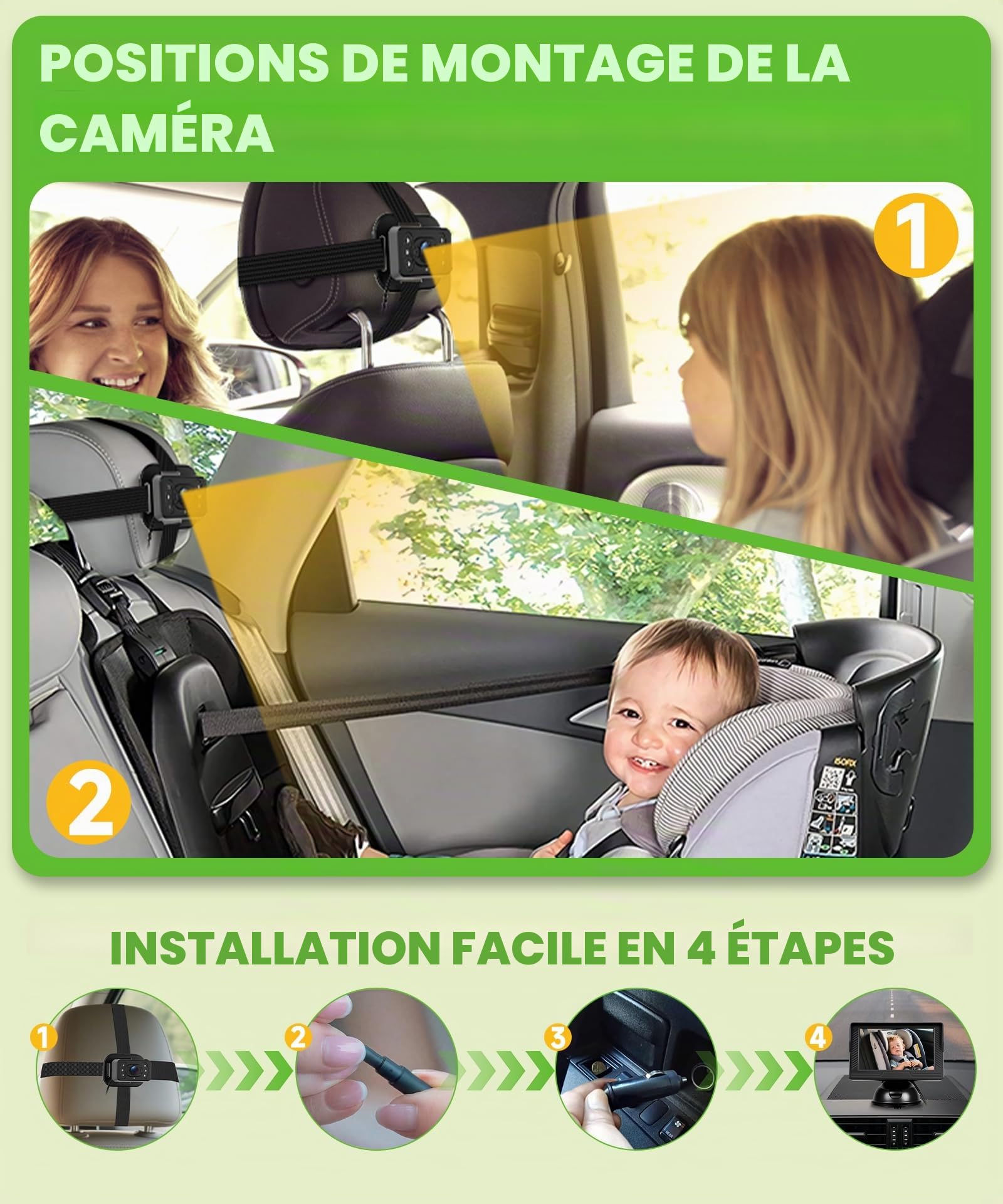 VECHTEL Caméra de Surveillance pour bébé HD,écran 4,3 Pouces avec caméra de siège arrière, Prise Allume-Cigare, rétroviseur de sécurité Rotatif à 360° pour sièges bébé orientés vers l'arrière