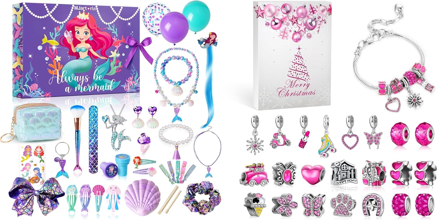 MJartoria Bundle - Advent Calendar 2024 for Girls 24-Days Christmas Countdown Calendar Gifts and Hot Pink Jewelry 24 Days Christmas Countdown