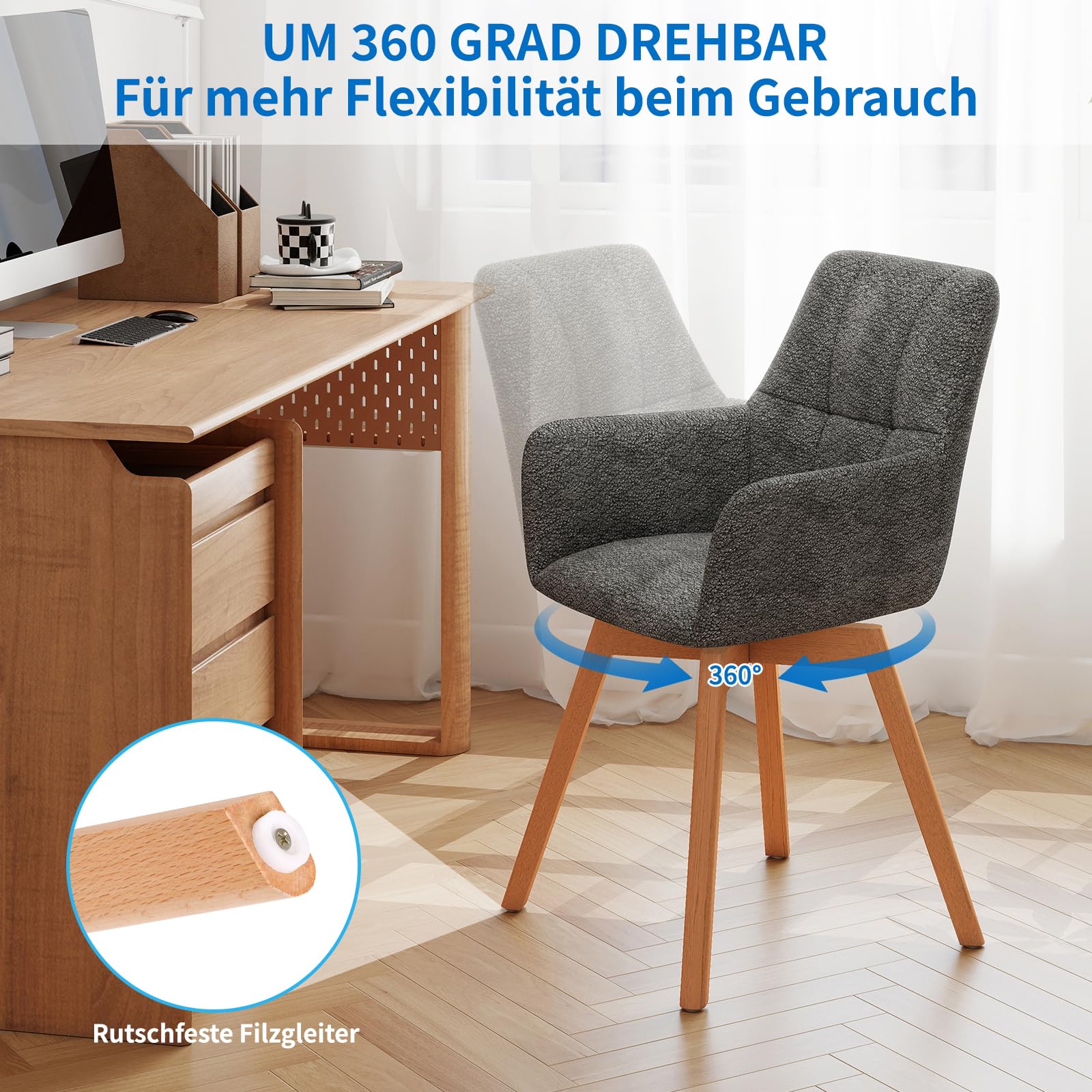 LEWE Esszimmerstühle Drehbar 2er Set mit Armlehne und Holzbeinen,Dunkelgrau | 360°Drehstuhl, Polsterstuhl mit Ergonomische Stoffrückenlehne, Stühle für Esszimmer, Küche, Wohnzimmer, Schlafzimmer