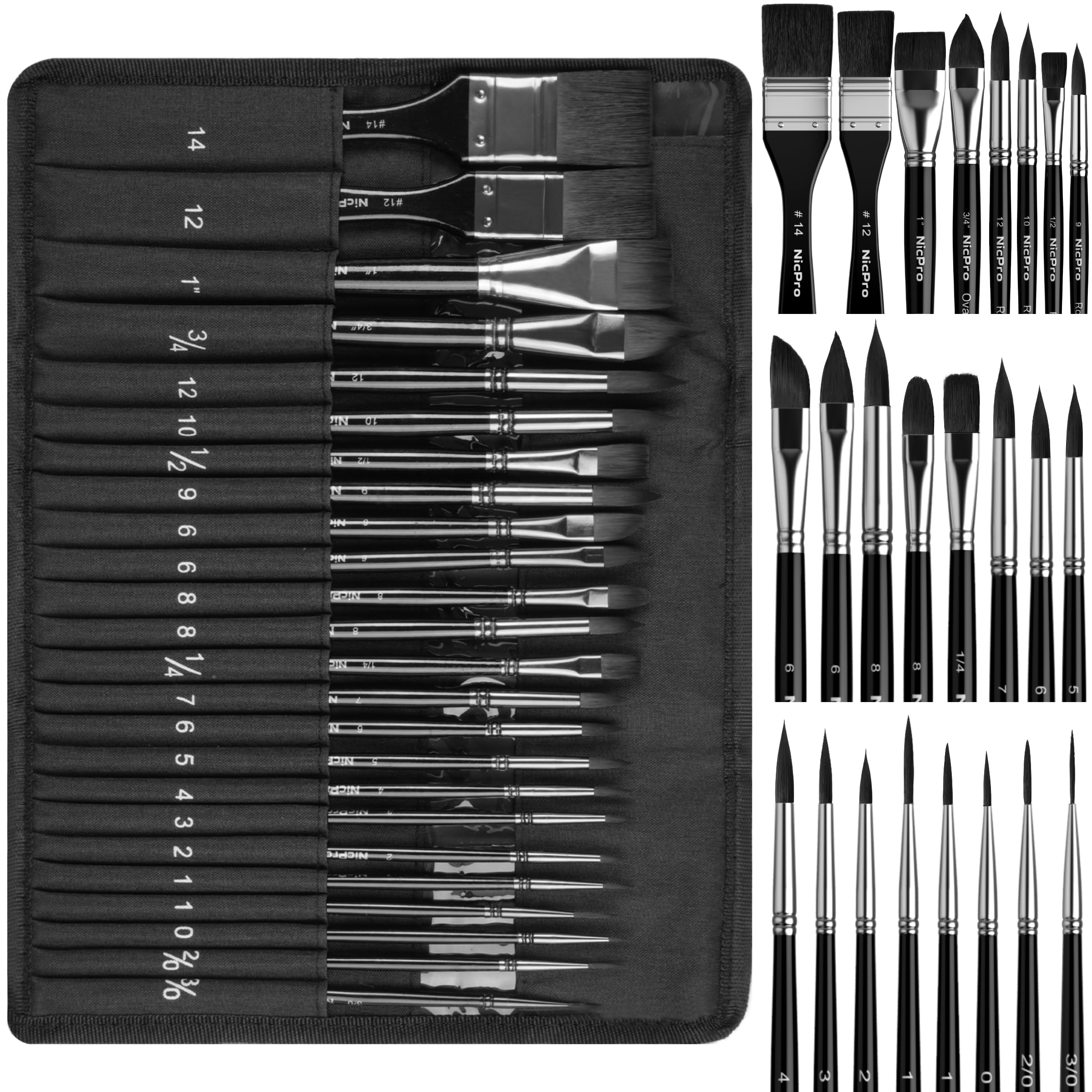 Nicpro 24pcs Watercolour Brushes Professional, Synthetic Squirrel Hair Water Colour Paint Brush Set with Cloth Roll - Round, Liner, Flat, Filbert, Dagger, Cat Tongue for Gouache Inks Painting