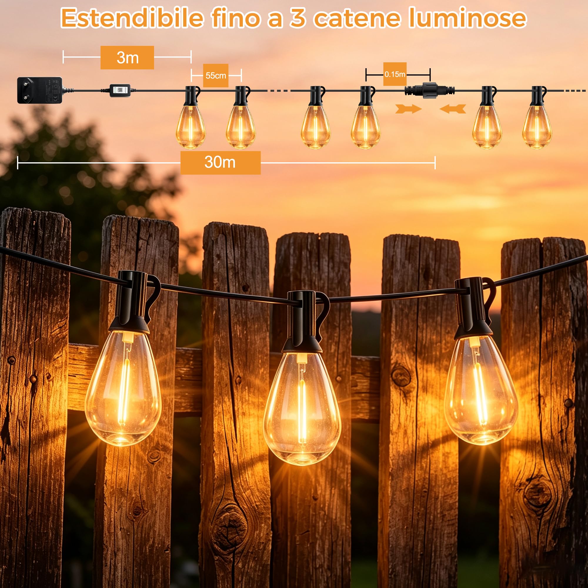 HeiPard Catena Luminosa Esterno Elettrica 30 metri, Luci da Esterno LED | 50+2 S14 Lampadine , 2700K, Telecomando e APP, Dimmerabile, Timer, IP44 per Giardino, Balcone, Terrazza e Feste