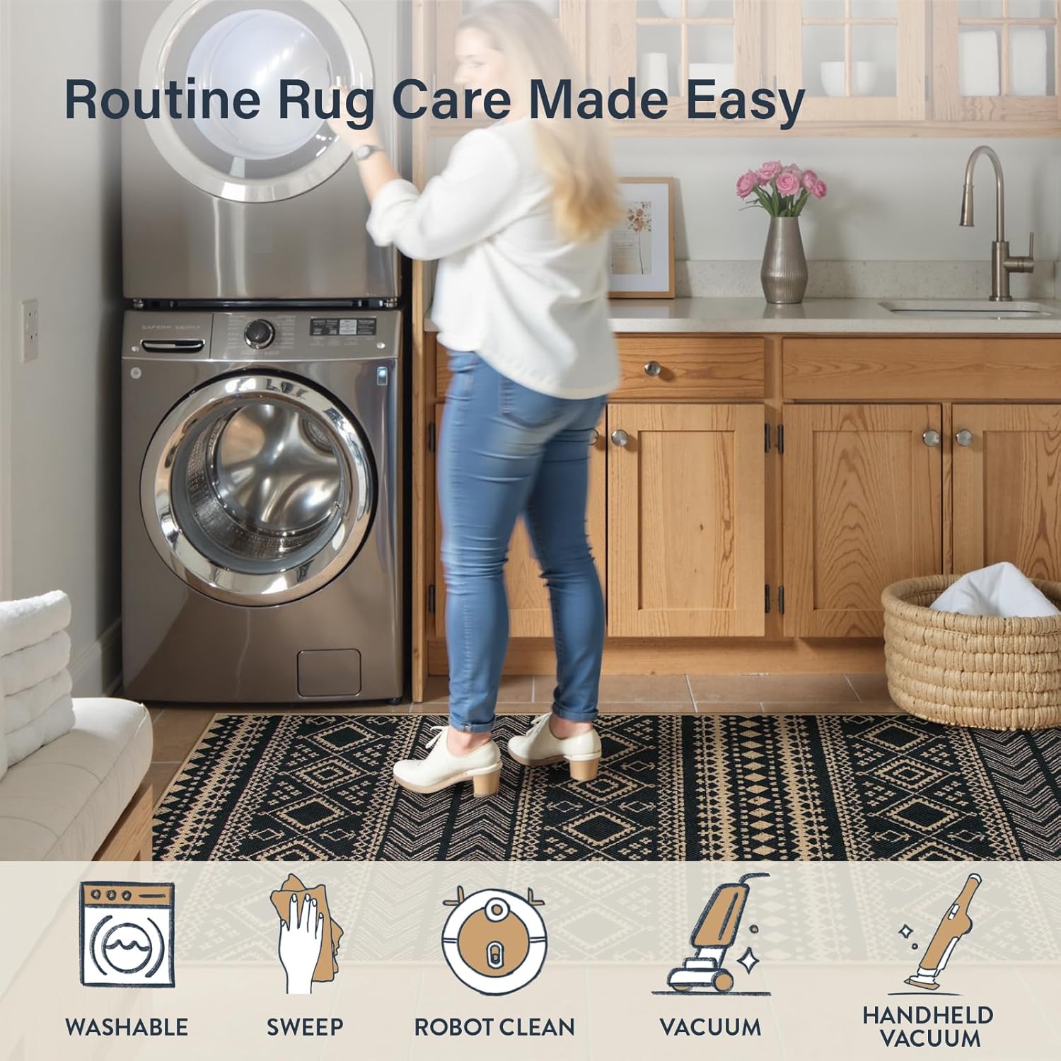 Lahome Easy Jute Boho Area Rugs for Entryway, Washable Rugs 3x5 for Kitchen, Small Non-Slip Indoor Outdoor Carpet, Western Geometric Print Front Door Carpet for Patio Balcony