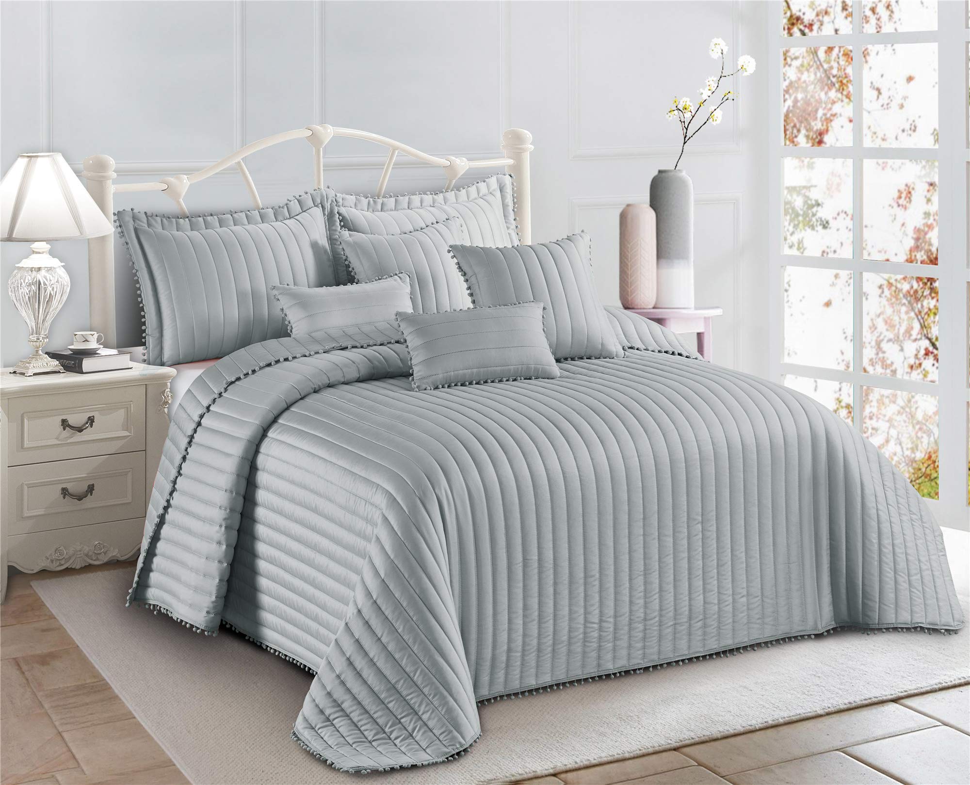 Householdfurnishing 3 Piece Quilted Bedspread Bed Embossed Bedding Set Throw Comforter with Pillow Shams (Silver, King)