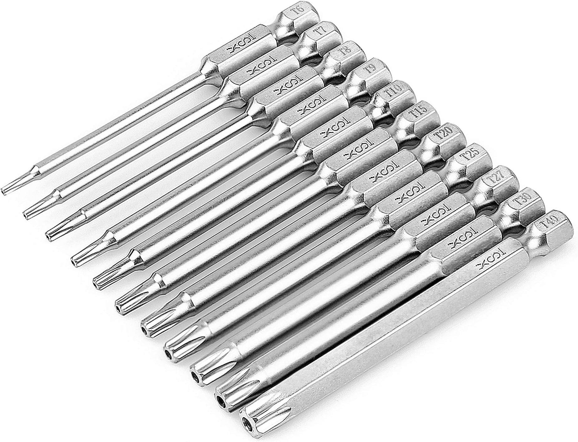 XOOL 11-Piece Torx Security Bit Set – 1/4" Hex Shank S2 Steel Magnetic Star Screwdriver Bits – 3" Length T6-T40, Compatible with Electric & Manual Screwdrivers