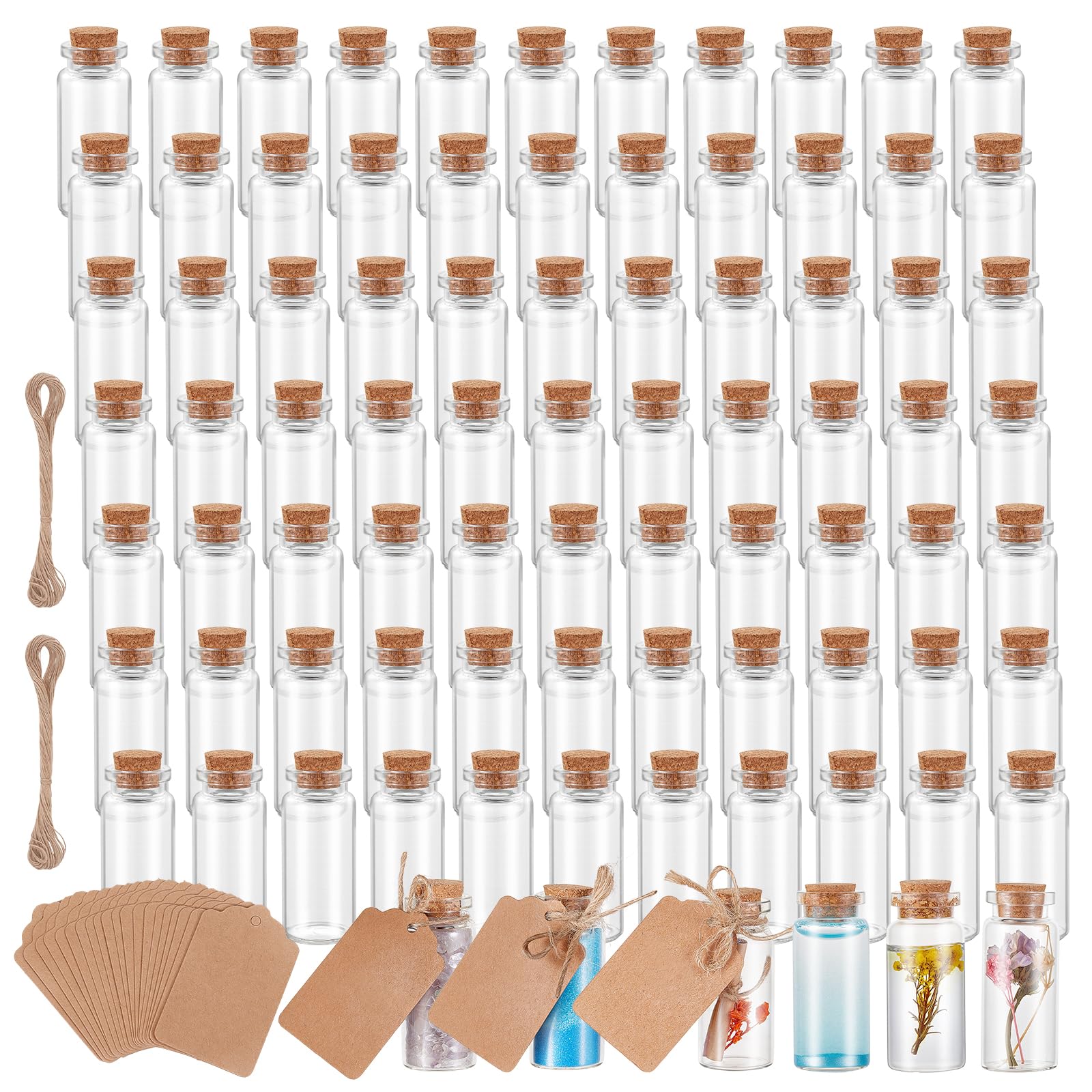 Lot de 200 Mini Flacons en Verre Transparent de 10 ml avec Bouchons en Liège, Étiquettes et Ficelle, Bouteilles à Vœux pour Loisirs Créatifs et Décoration d’Halloween