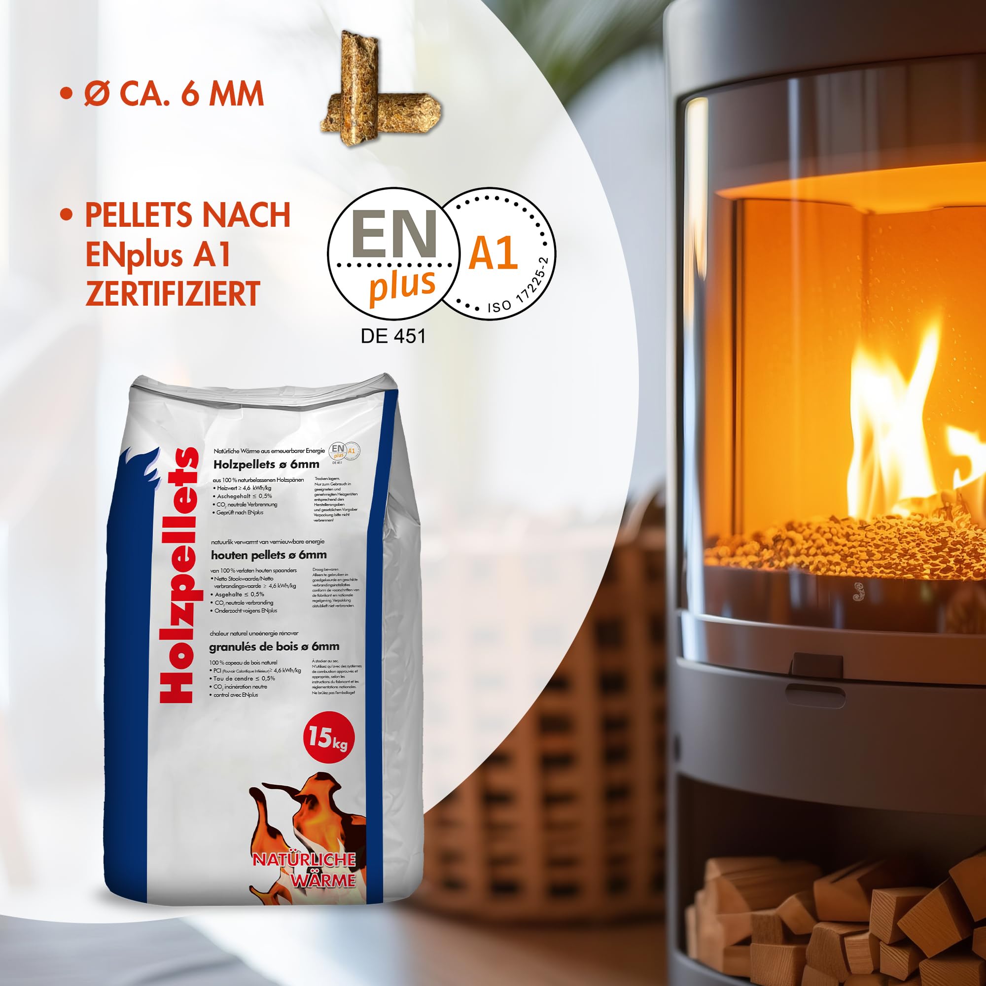 Holzpellets 70 x 15kg 6mm volle Palette 1050 kg - Kaminpellets Heiz Pellet - ohne Bindemittel & chemischen Zusätzen