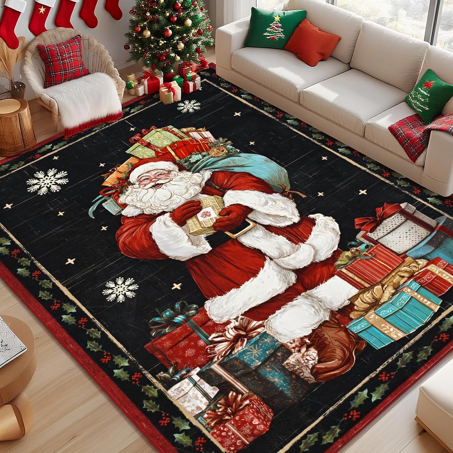 ASPMIZ Christmas Area Rug 3x5, Santa Claus Entryway Rug Non Slip Washable Rugs Low Pile Floor Mat, Soft Faux Wool Rugs for Living Room, Bedroom, Kitchen, Holiday Christmas Decorations, Black